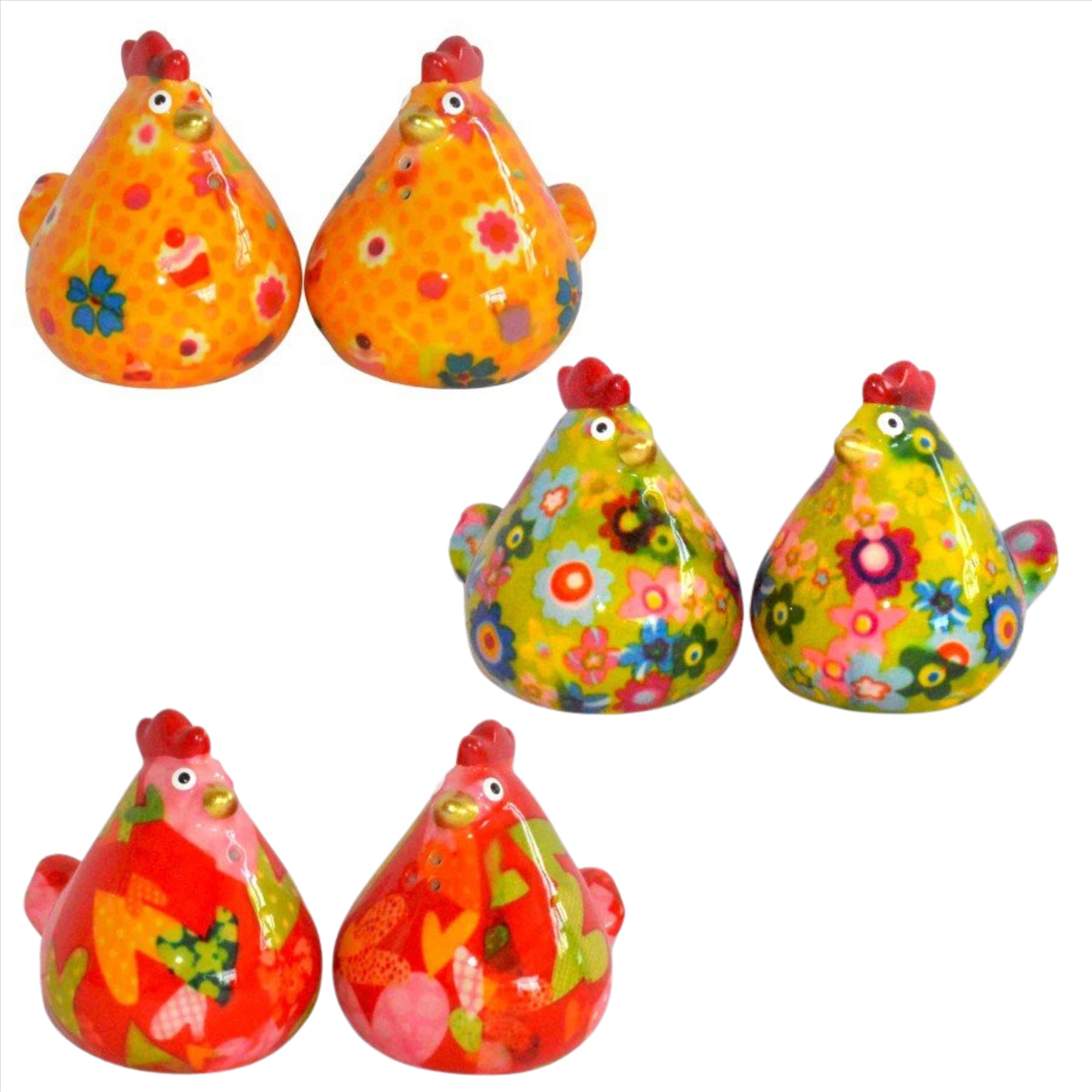 Pomme Pidou 'Matilda' bright coloured ceramic Chicken shaped Salt & Pepper Shaker set (6 SETS, ASSORTED)