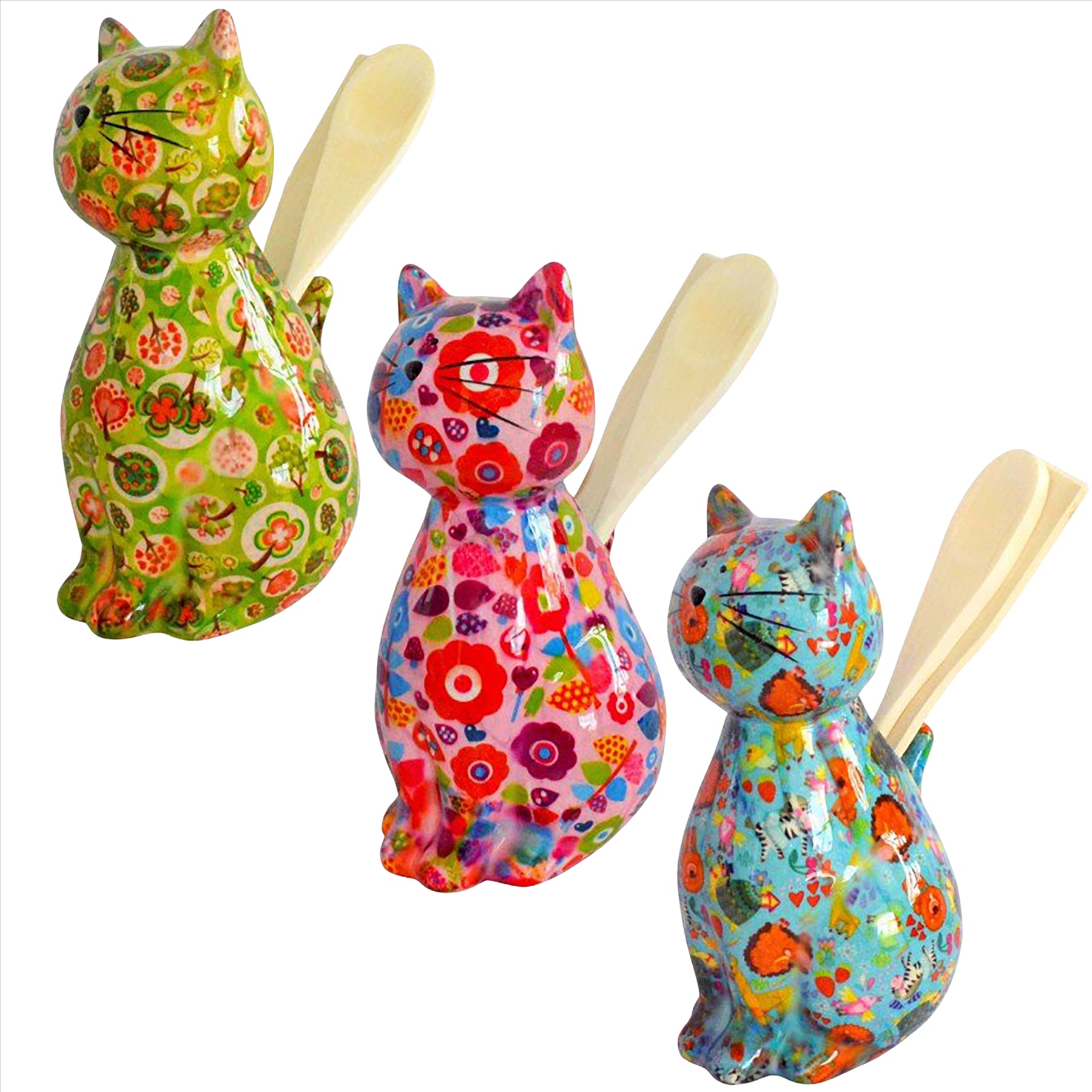 Pomme Pidou 'Caramel' bright coloured ceramic Cat shaped kitchen utensil holder with utensils (3 PACK, ASSORTED)