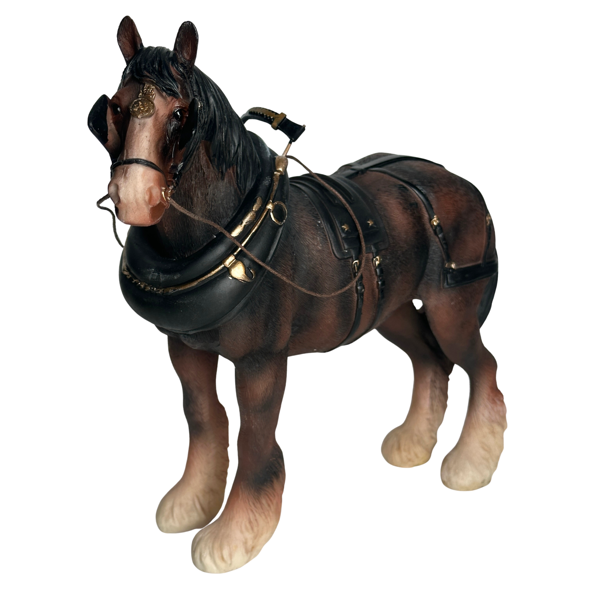 FACTORY SECONDS - 50% OFF - Leonardo large (length 22cm) Bay Shire Cart Heavy Horse in harness ornament figurine, gift boxed