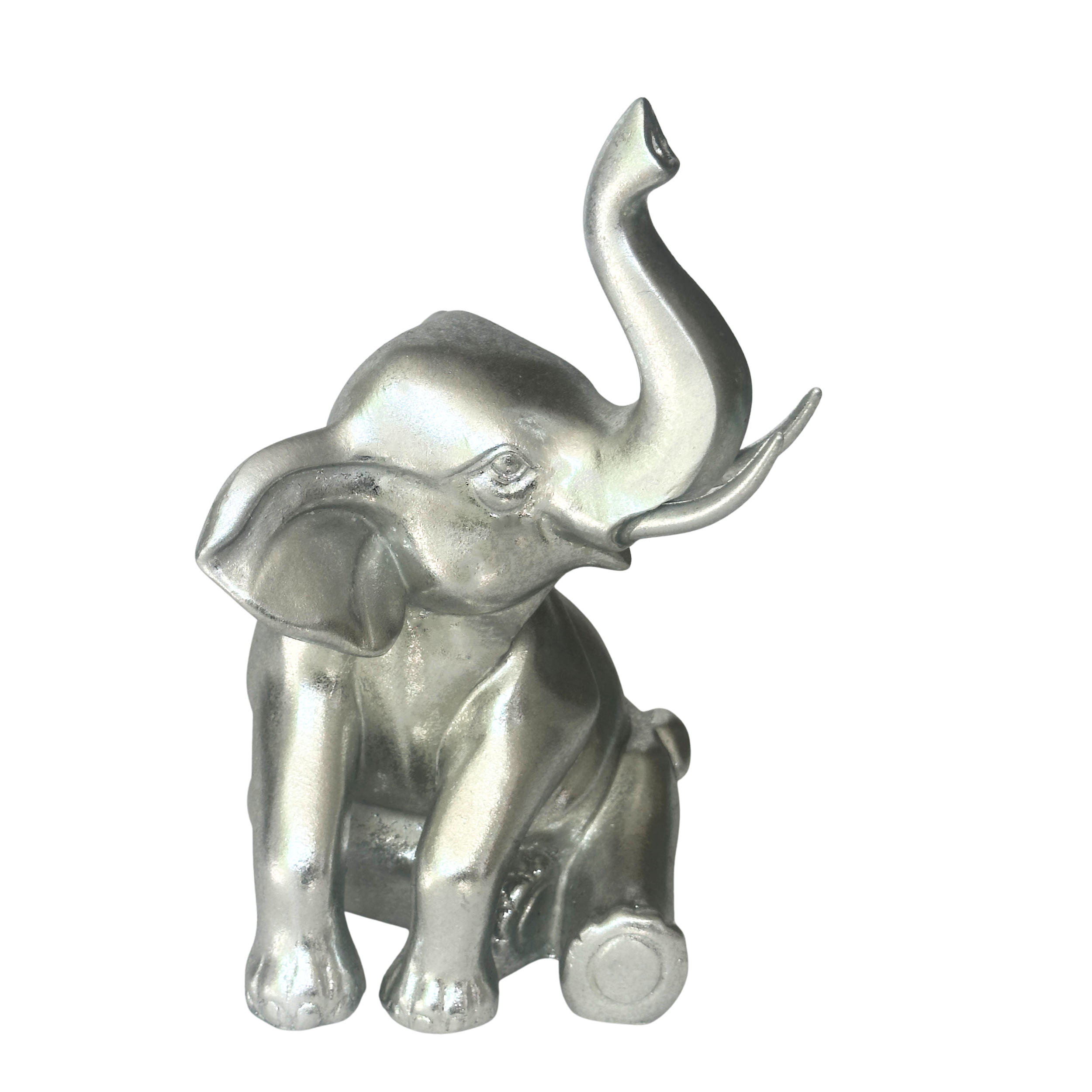 Lesser & Pavey 'Silver Art' heavy resin silver effect Sitting Elephant figurine ornament, Cat lover gift