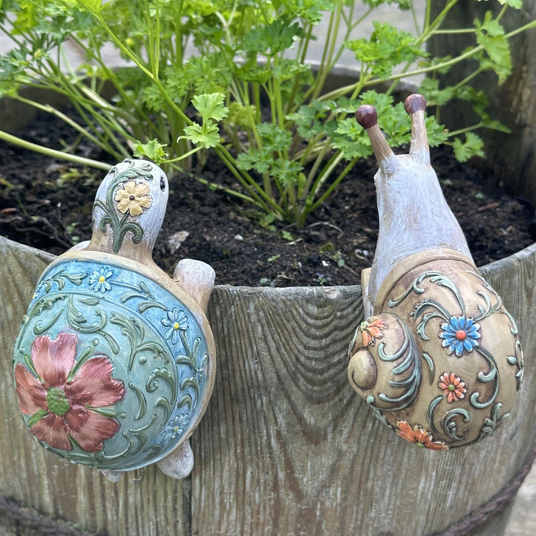 BOX OF FOUR Flower pot hangers, wood effect bohemian colours (2 each of Tortoise & Snail)