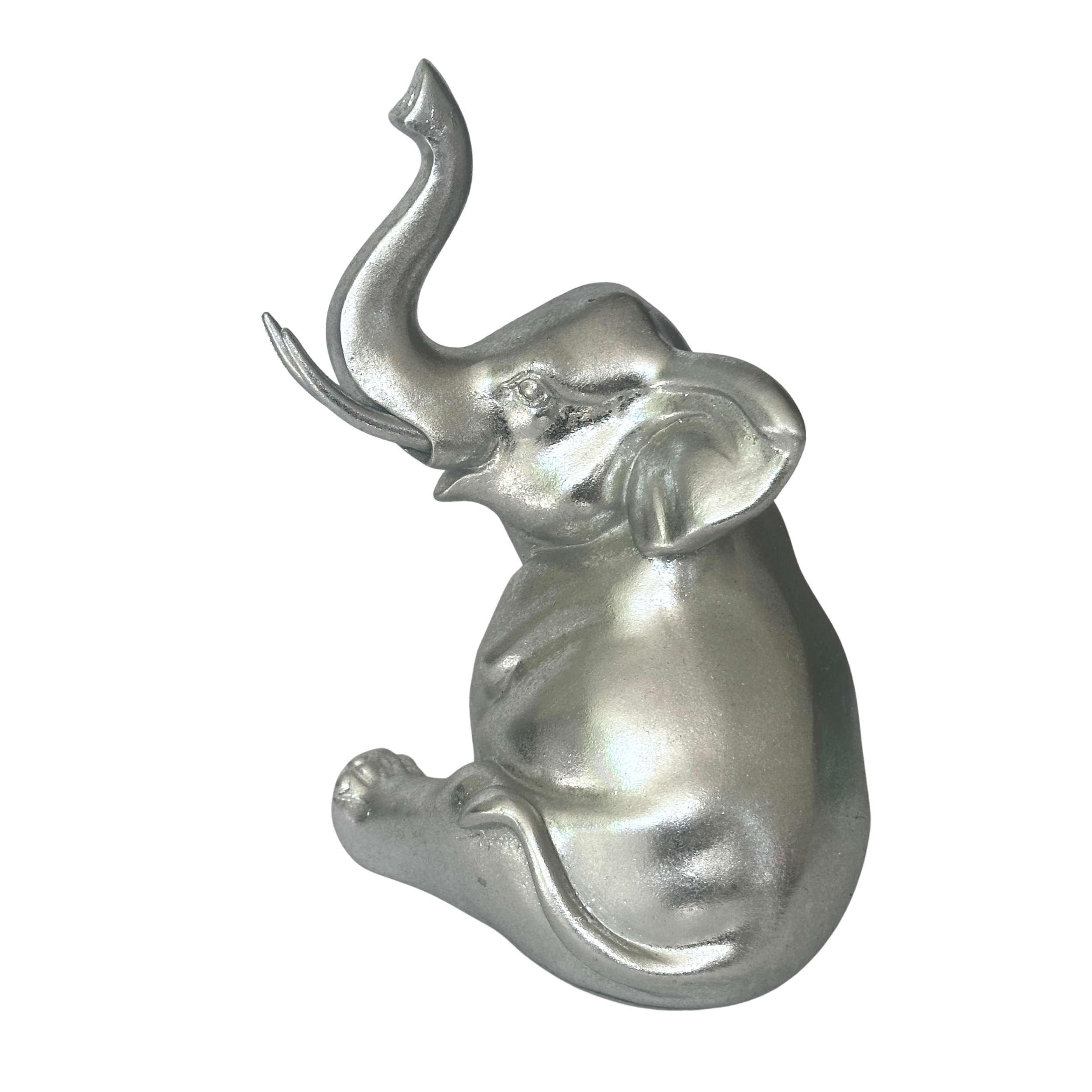 Lesser & Pavey 'Silver Art' heavy resin silver effect Sitting Elephant figurine ornament, Cat lover gift
