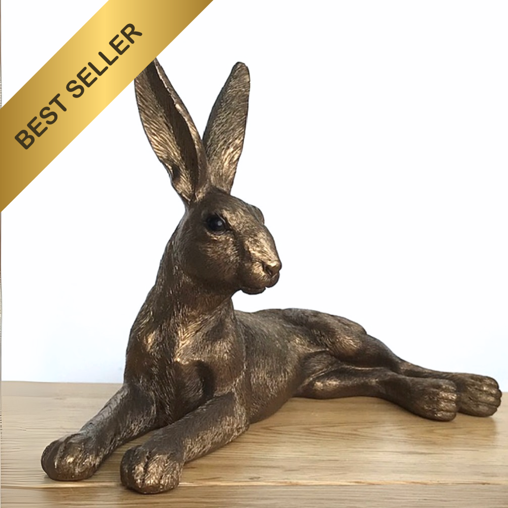 Leonardo Reflections Bronzed range large (26cm) Bronze effect Lying Hare ornament figurine, gift boxed