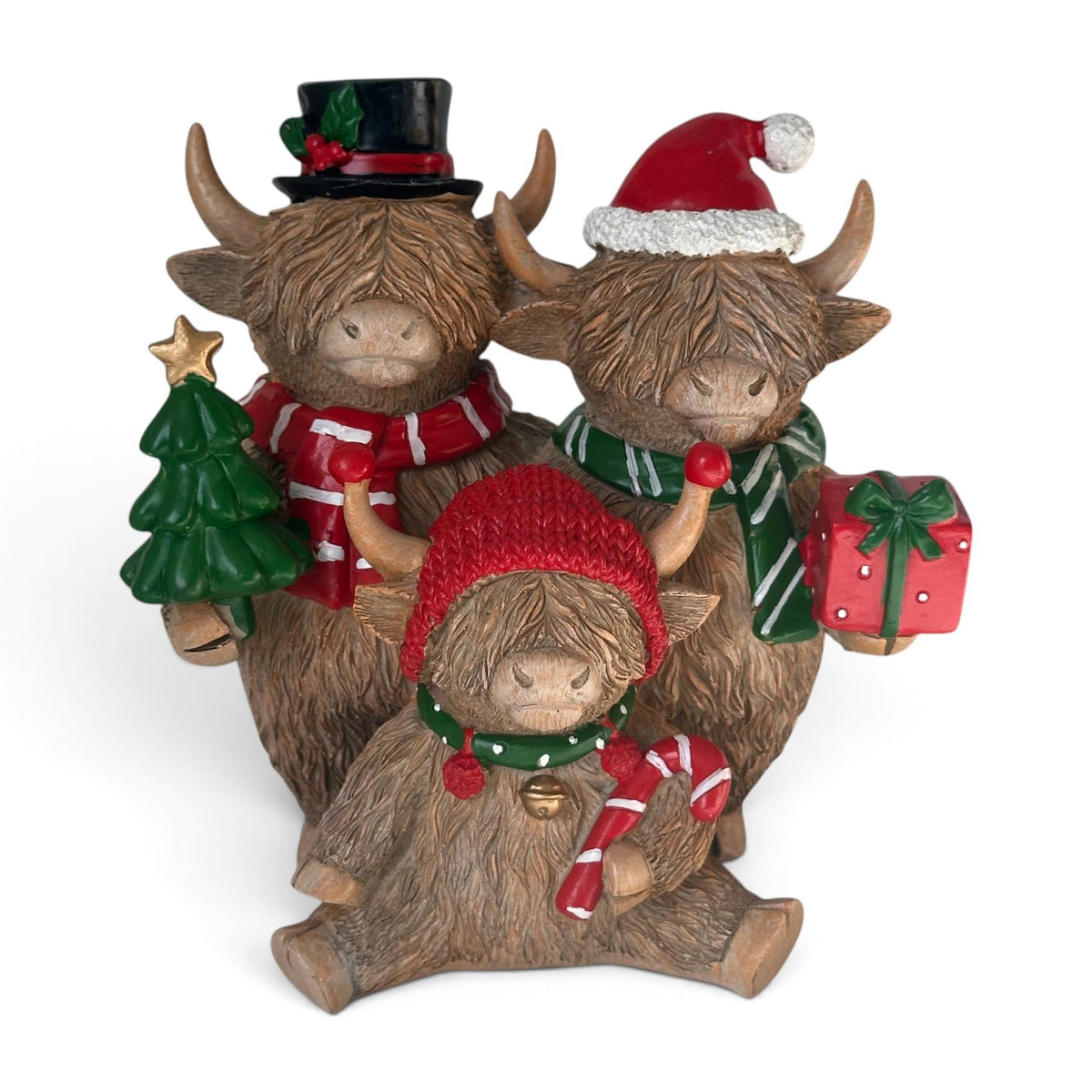 Family of Three Highland Cows In Christmas Attire Figurine, By Lesser & Pavey