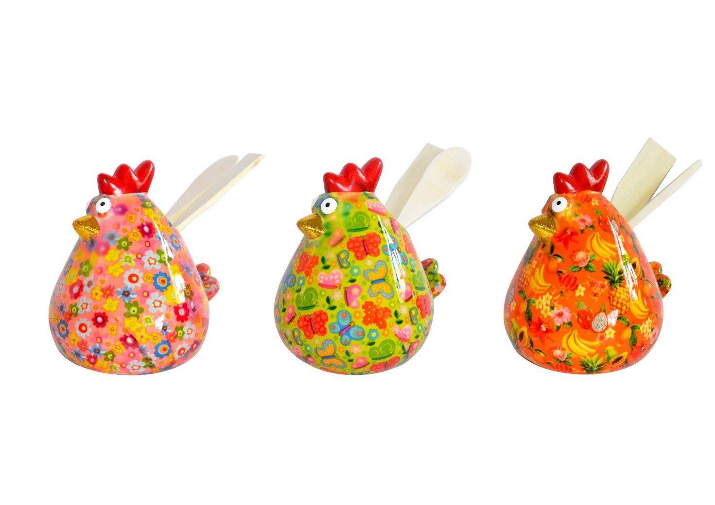 Pomme Pidou 'Matilda' bright coloured ceramic Chicken shaped kitchen utensil holder with utensils (3 PACK, ASSORTED)