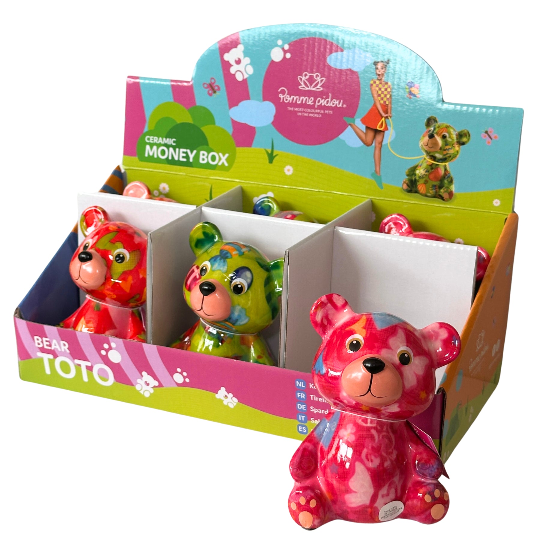 Pomme Pidou mini 'Toto' bright coloured ceramic Teddy Bear shaped Money Box (6 PACK IN DISPLAY BOX)