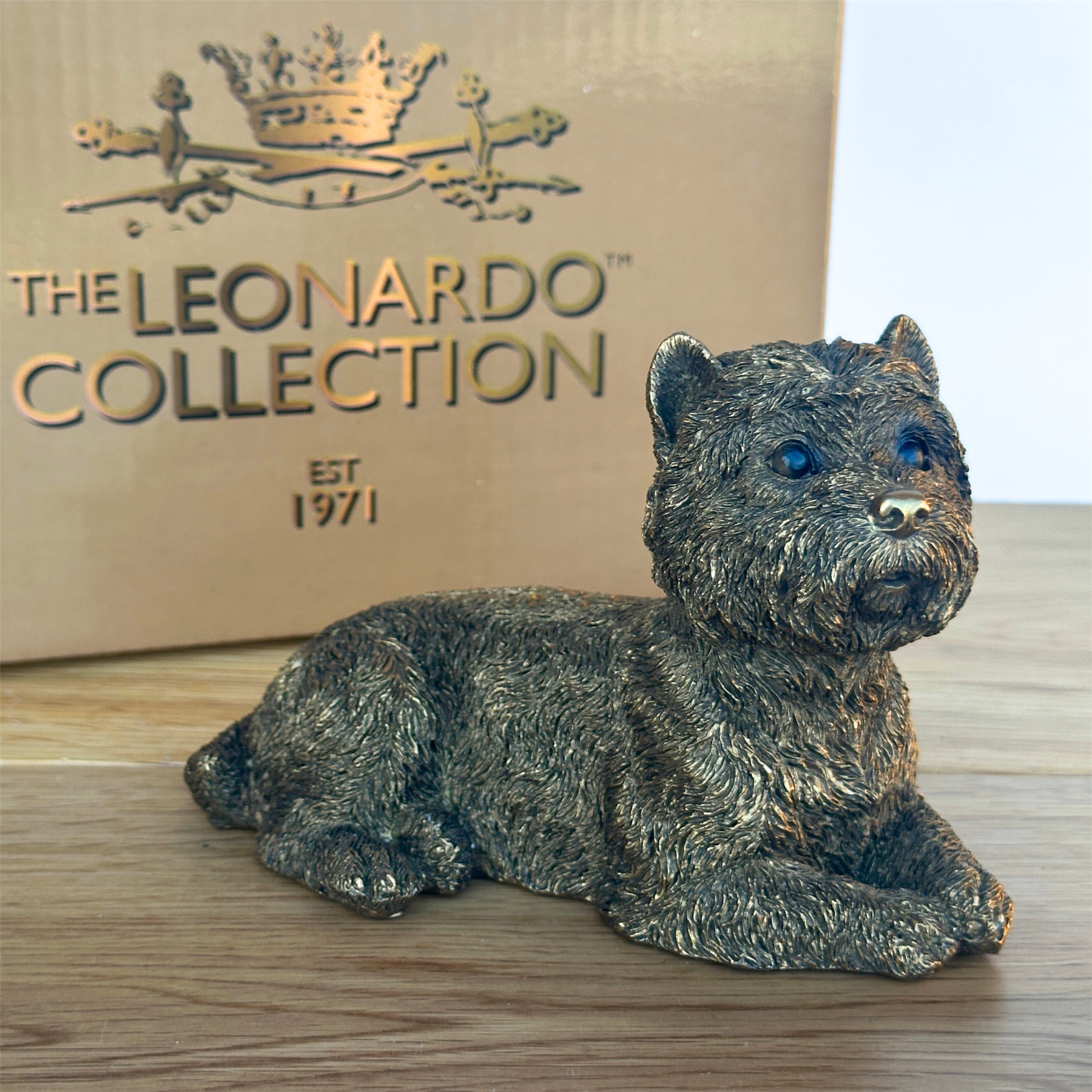 Laying West Highland Terrier 'Westie' Dog figurine, Leonardo Reflections Bronzed, gift boxed