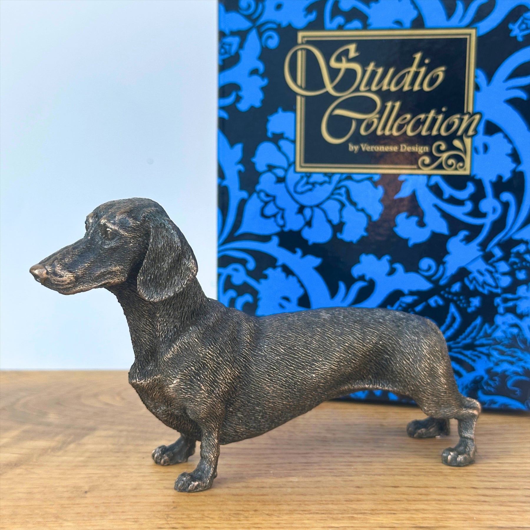 Dachshund figurine in solid cold cast bronze, gift boxed
