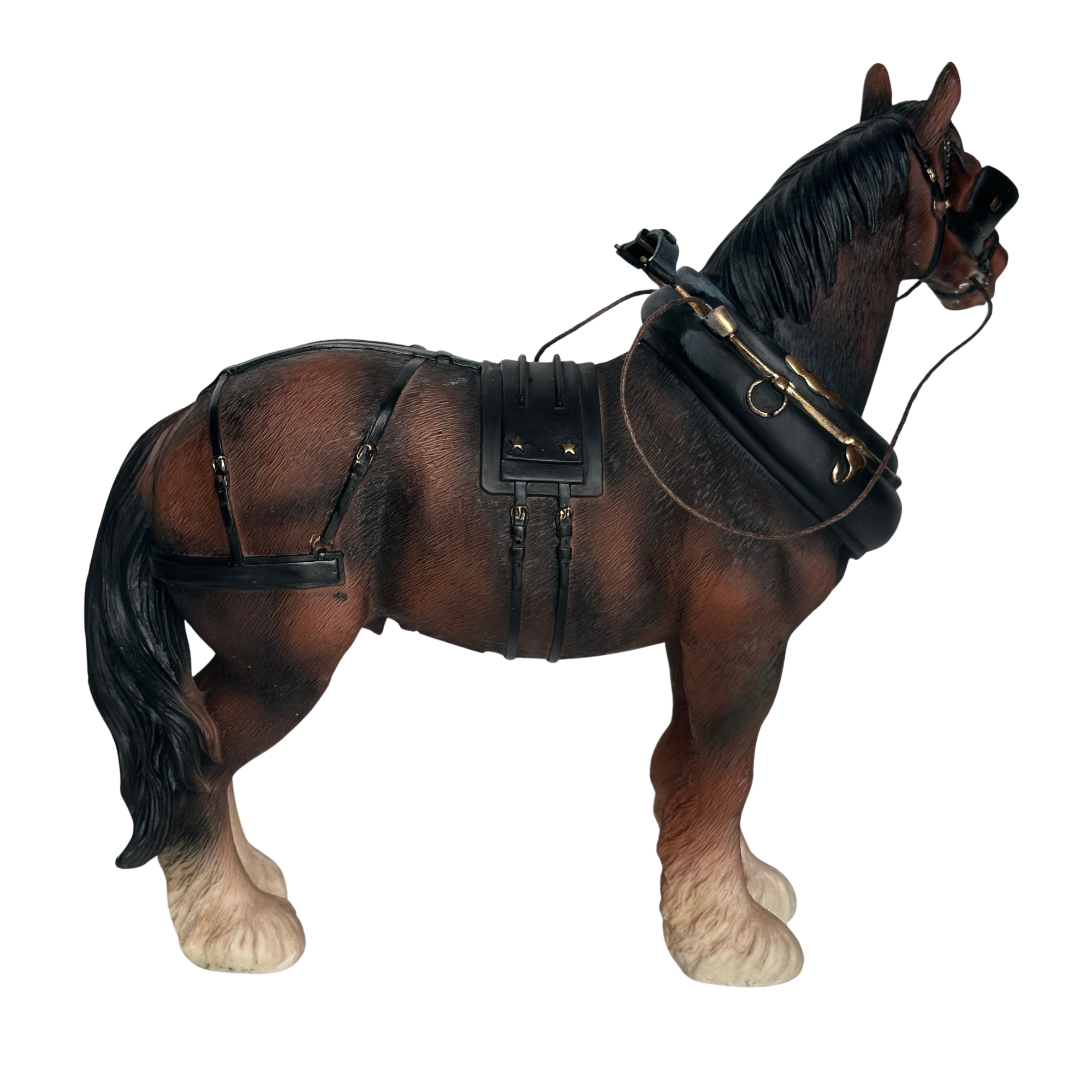 FACTORY SECONDS - 50% OFF - Leonardo large (length 22cm) Bay Shire Cart Heavy Horse in harness ornament figurine, gift boxed