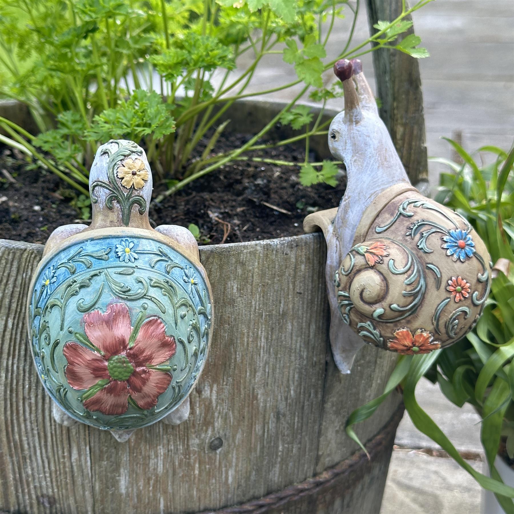 BOX OF FOUR Flower pot hangers, wood effect bohemian colours (2 each of Tortoise & Snail)