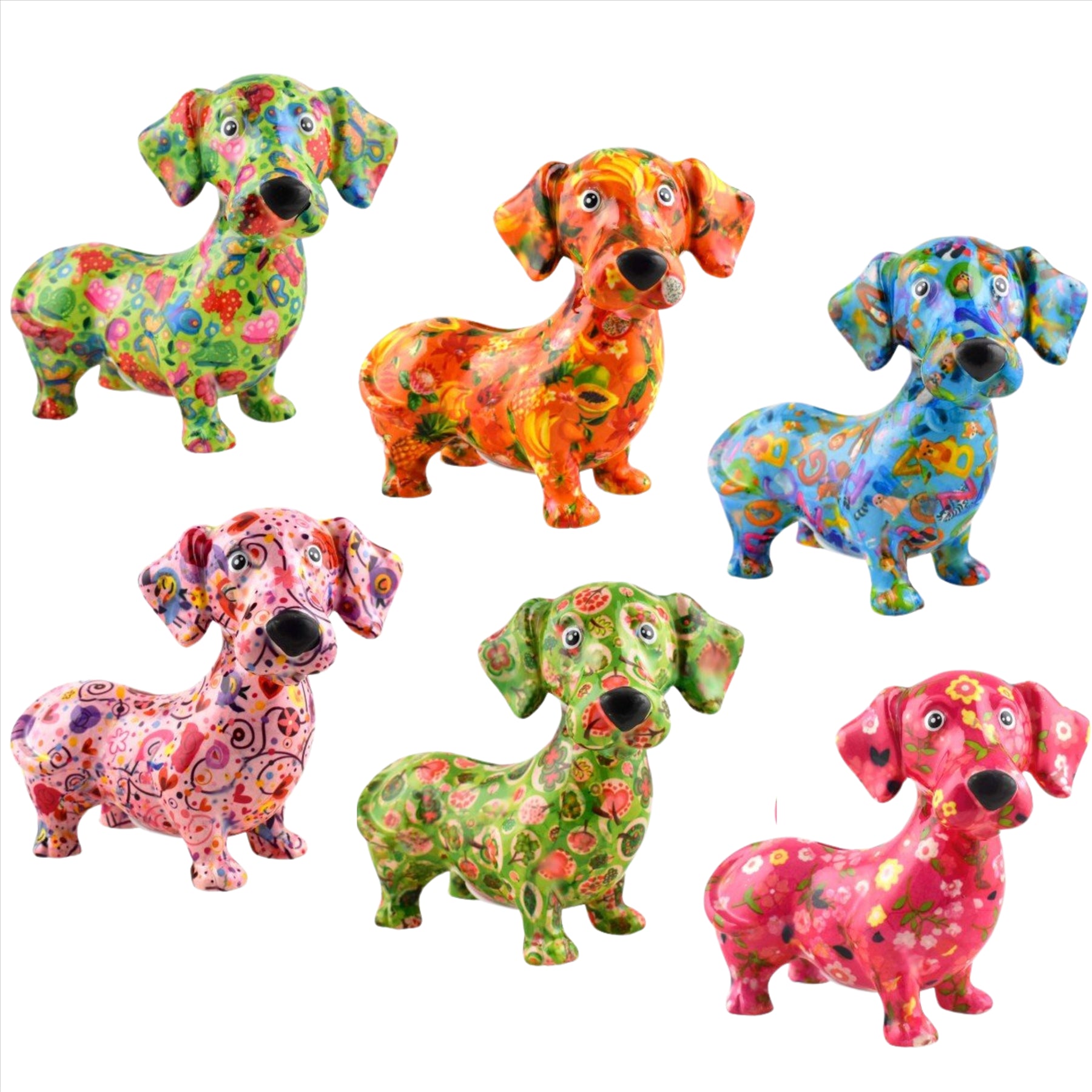 Pomme Pidou 'Dennis' bright coloured ceramic Dachshund shaped Money Box (Medium) (6 PACK, ASSORTED)