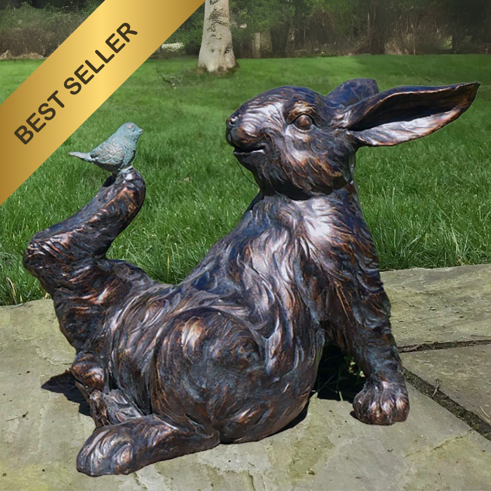 Playful Rabbit with a Bird on Foot figurine, novelty home or garden decoration (21cm)