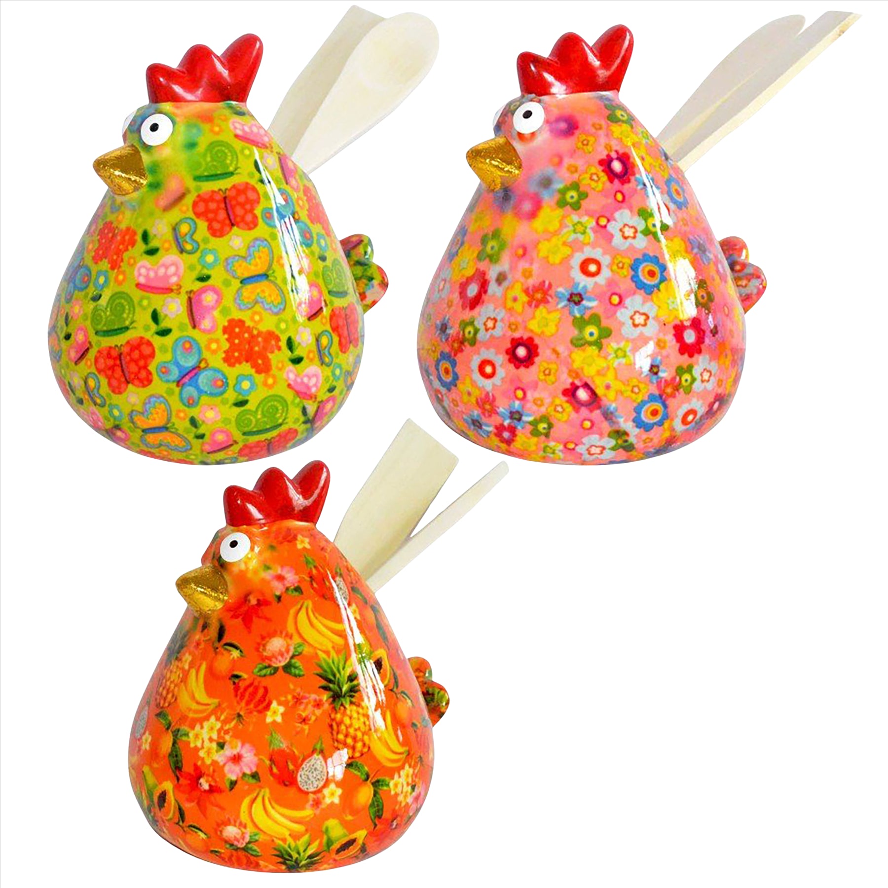 Pomme Pidou 'Matilda' bright coloured ceramic Chicken shaped kitchen utensil holder with utensils (3 PACK, ASSORTED)