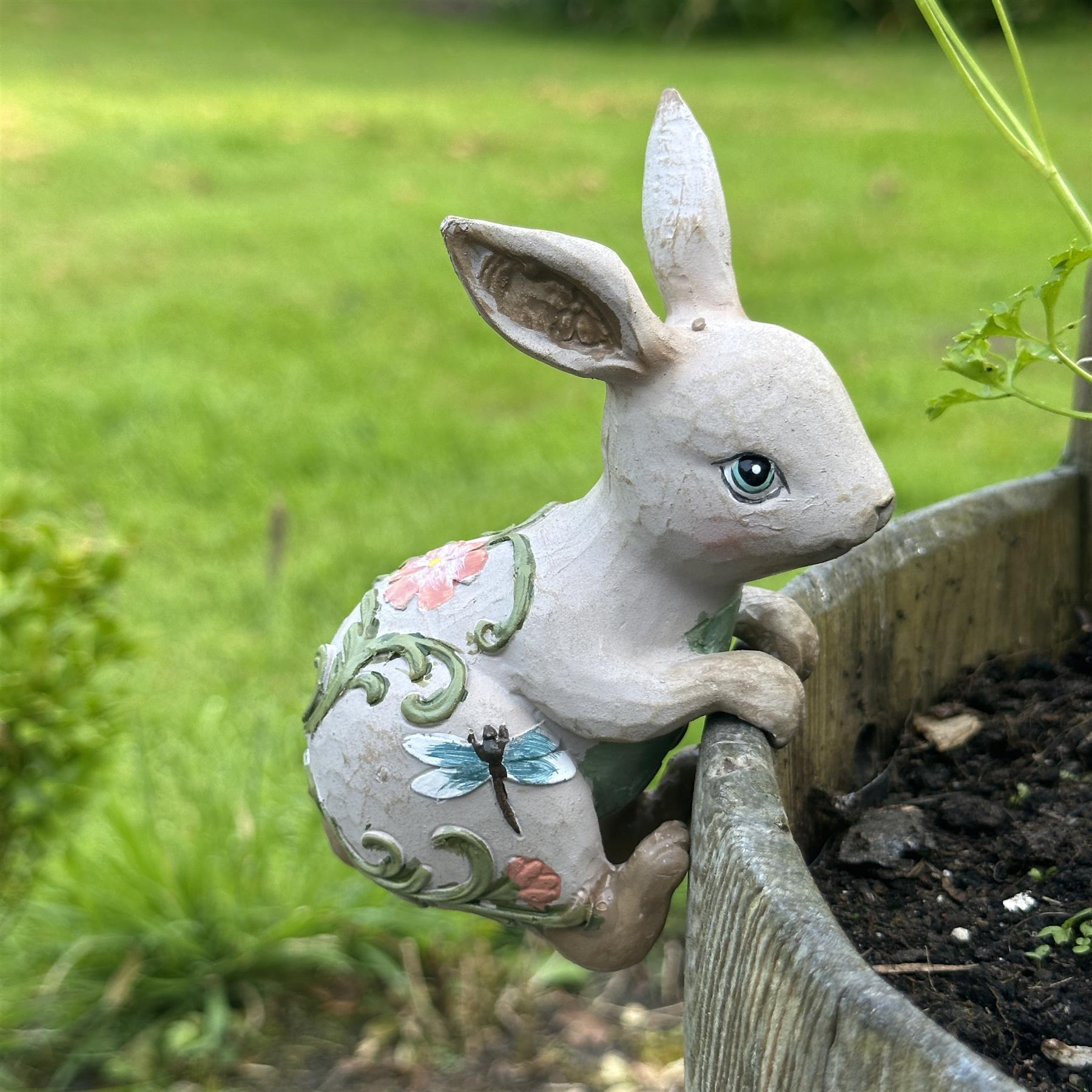 BOX OF FOUR Flower pot hangers, wood effect bohemian colours (2 each of Rabbit & Hedgehog)