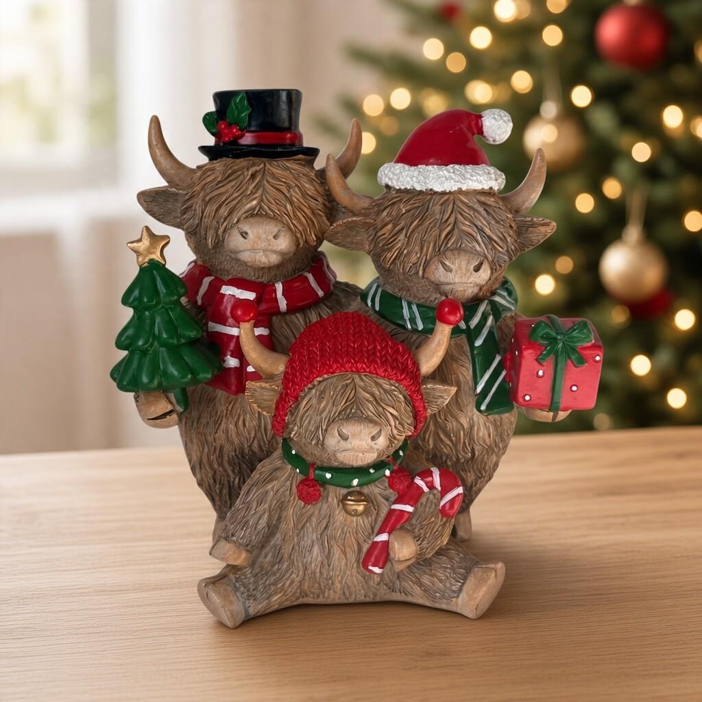 Family of Three Highland Cows In Christmas Attire Figurine, By Lesser & Pavey
