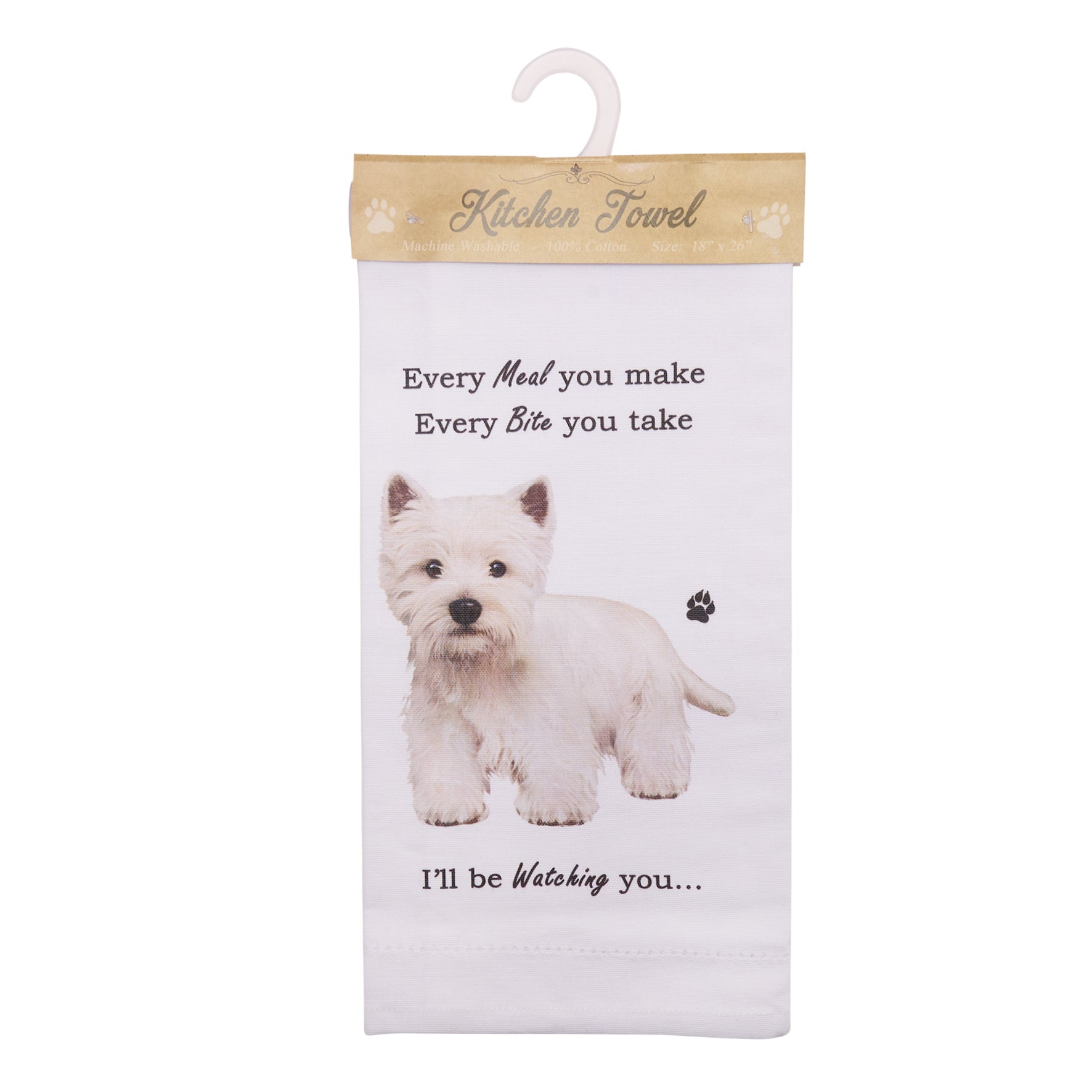 Novelty Tea Towel, with Dog Breed image and 'Watching you' funny wording, quality cotton, 66cm, machine washable (West Highland Terrier)