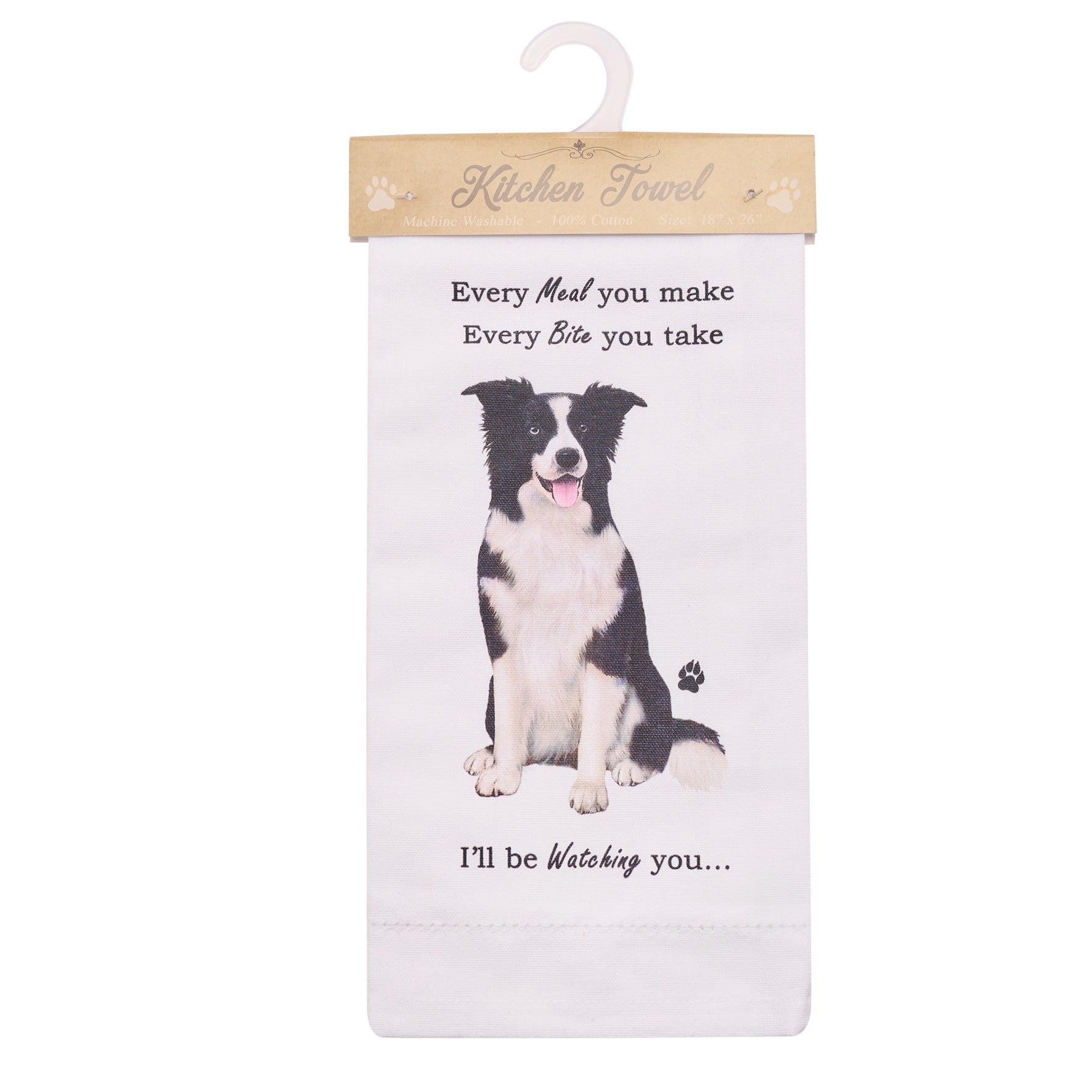 Novelty Tea Towel, with Dog Breed image and 'Watching you' funny wording, quality cotton, 66cm, machine washable (Border Collie)
