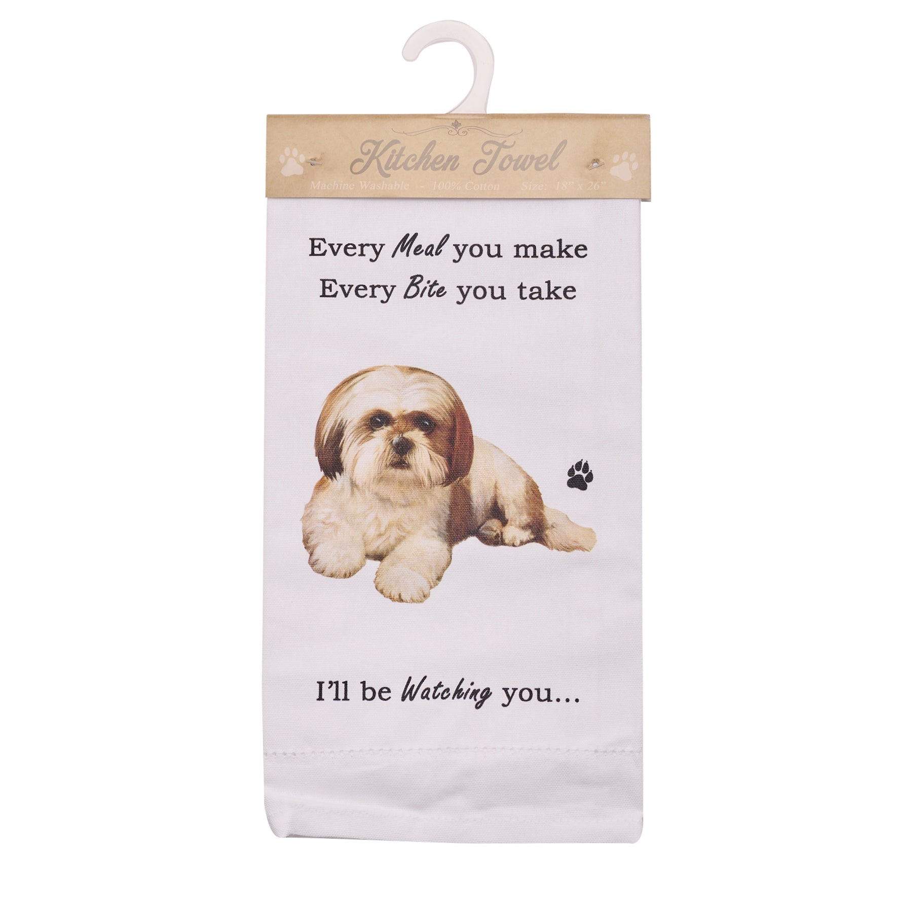 Novelty Tea Towel, with Dog Breed image and 'Watching you' funny wording, quality cotton, 66cm, machine washable (Shih Tzu)