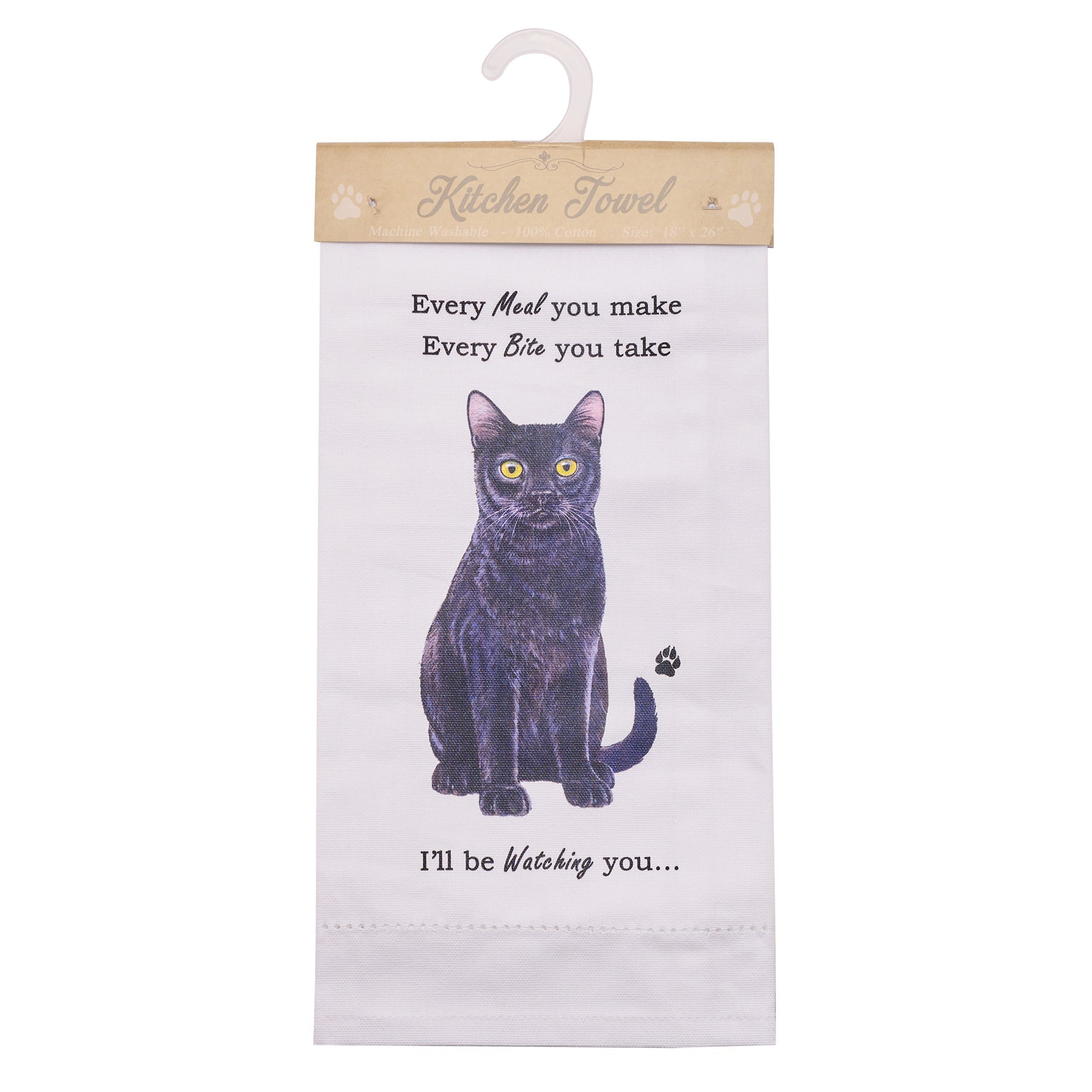 Novelty Tea Towel, with Cat image and 'Watching you' funny wording, quality cotton, 66cm, machine washable (Black Cat)