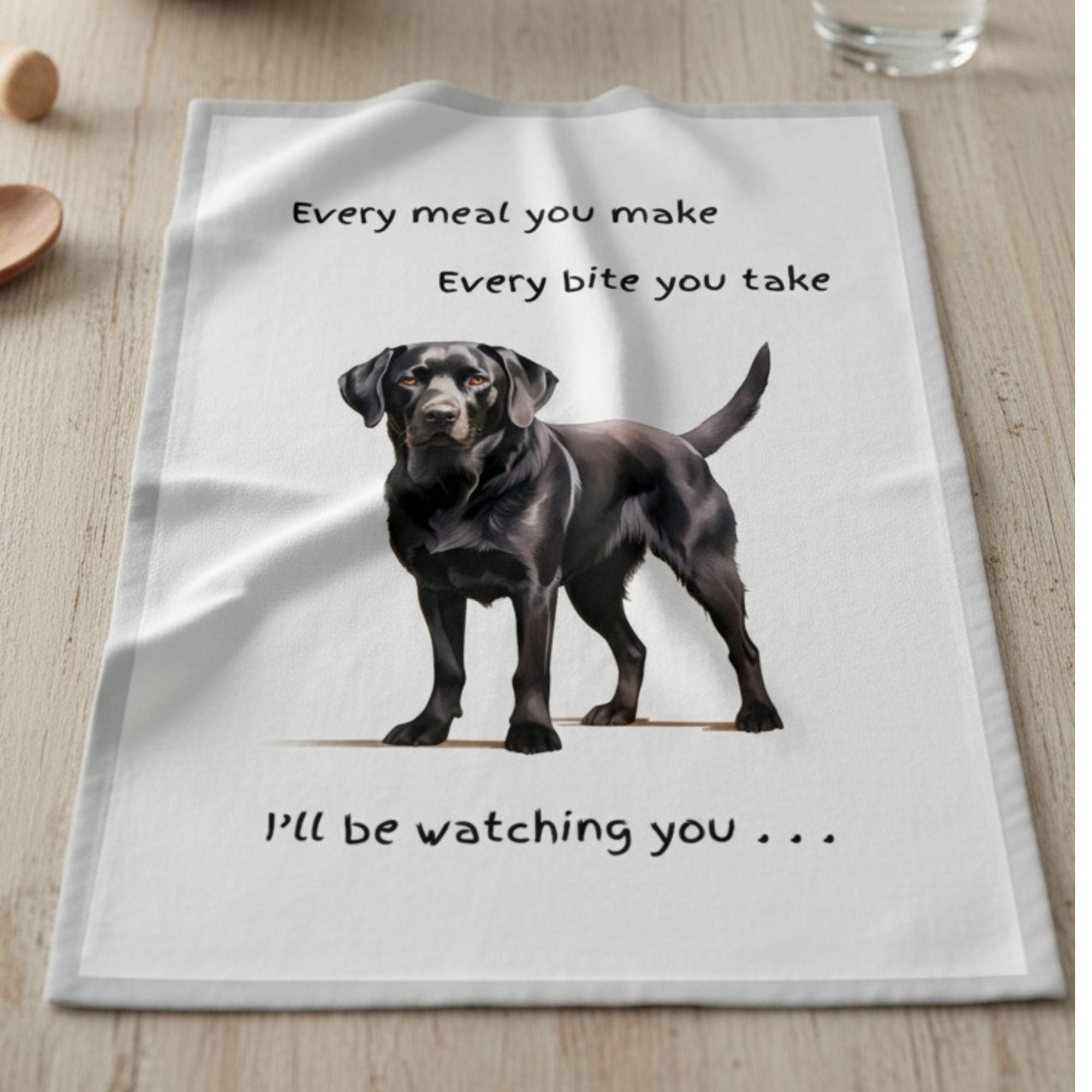 Dog Breed Tea Towel With 'Watching you' funny wording (Black Labrador)