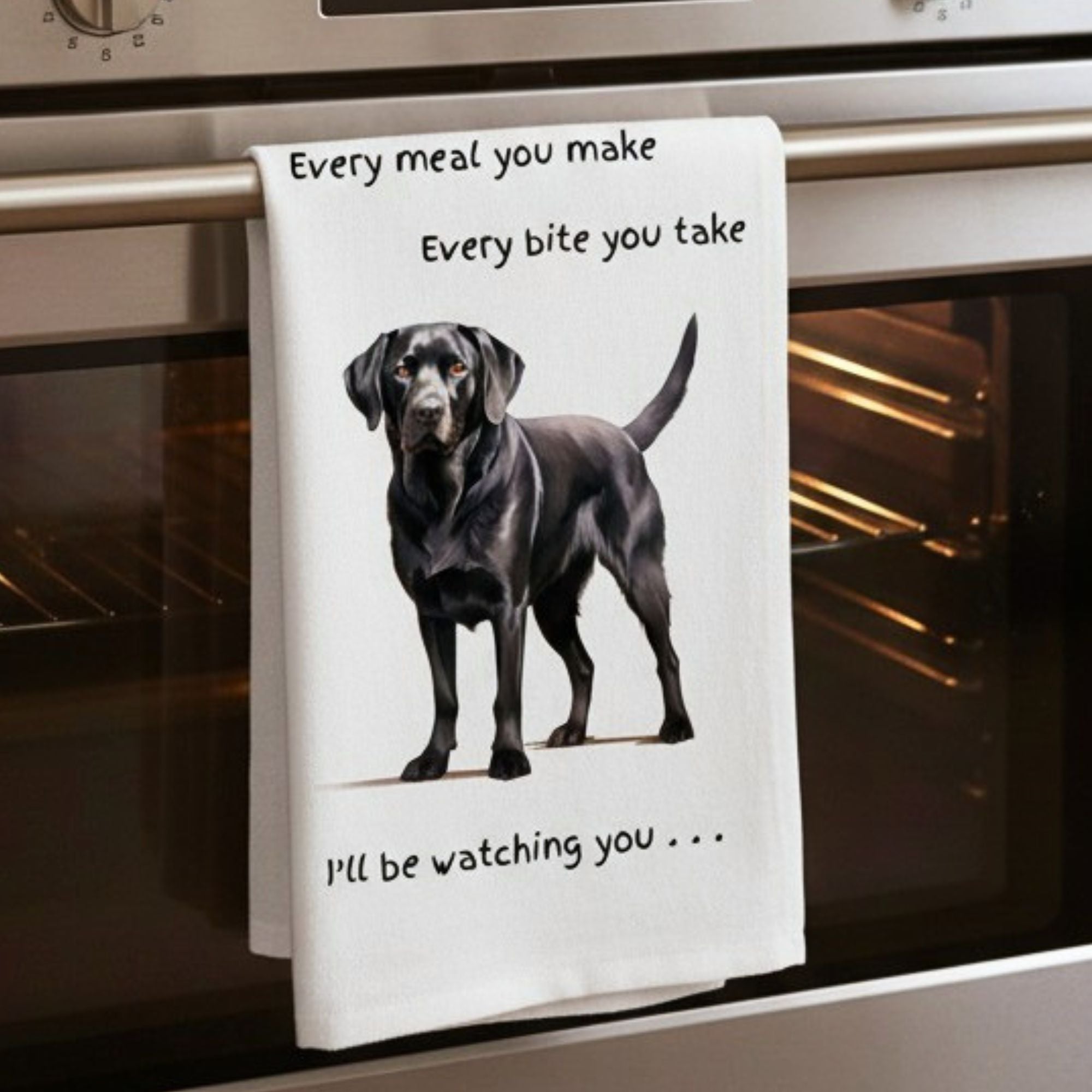 Dog Breed Tea Towel With 'Watching you' funny wording (Black Labrador)