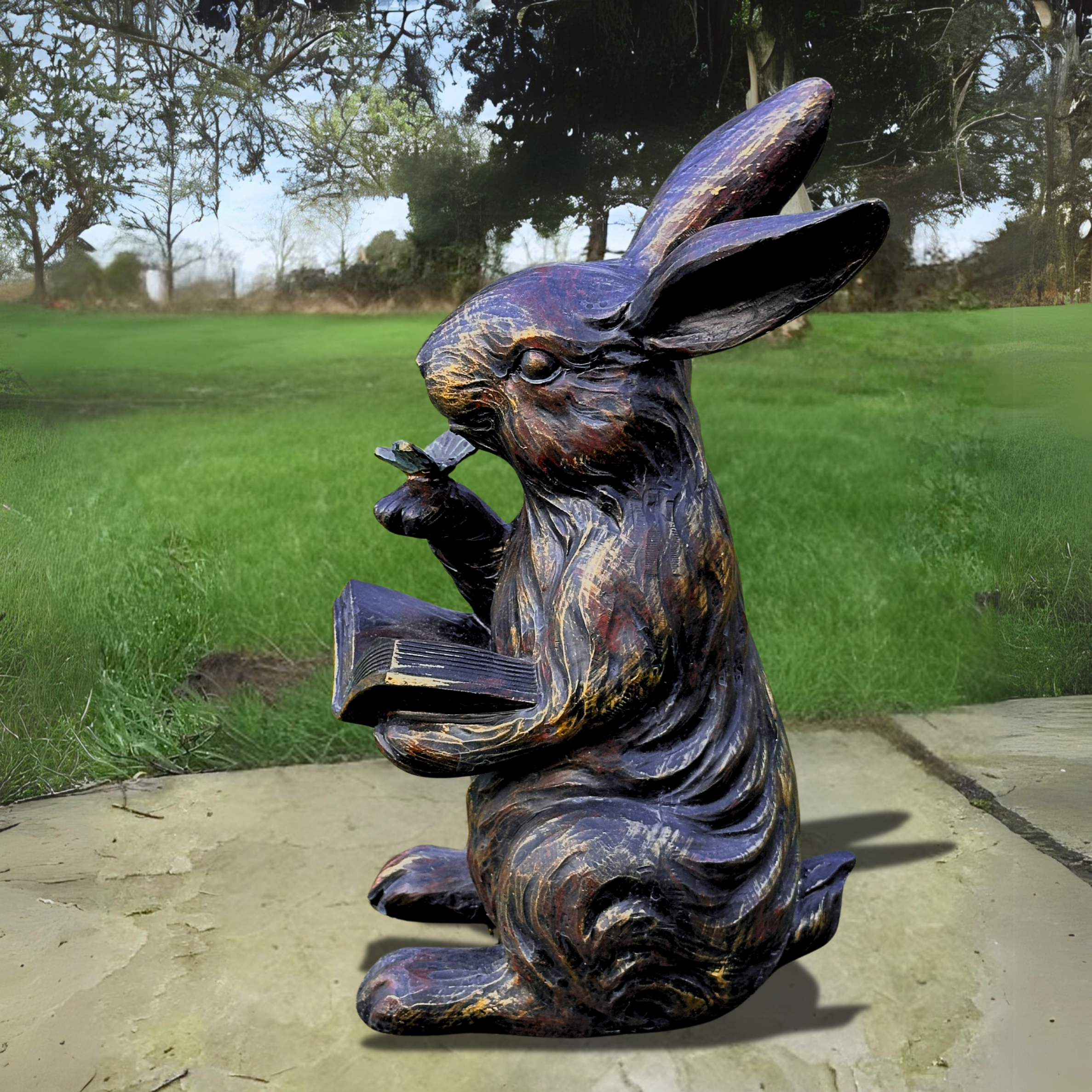 Rabbit Reading a Book, quirky home or garden decoration, bronze effect (23cm)