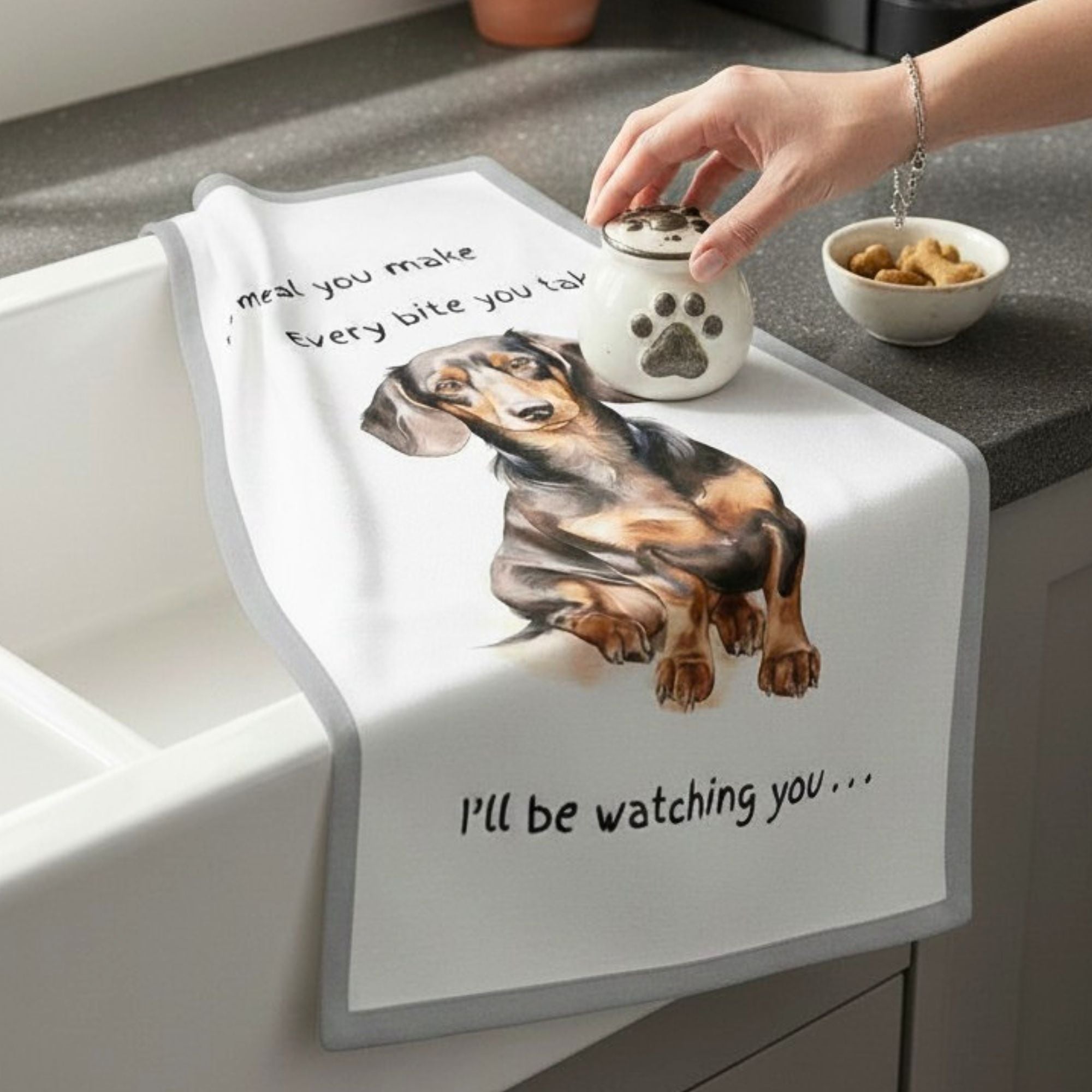 Dog Breed Tea Towel With 'Watching You' Funny Wording (Dachshund)