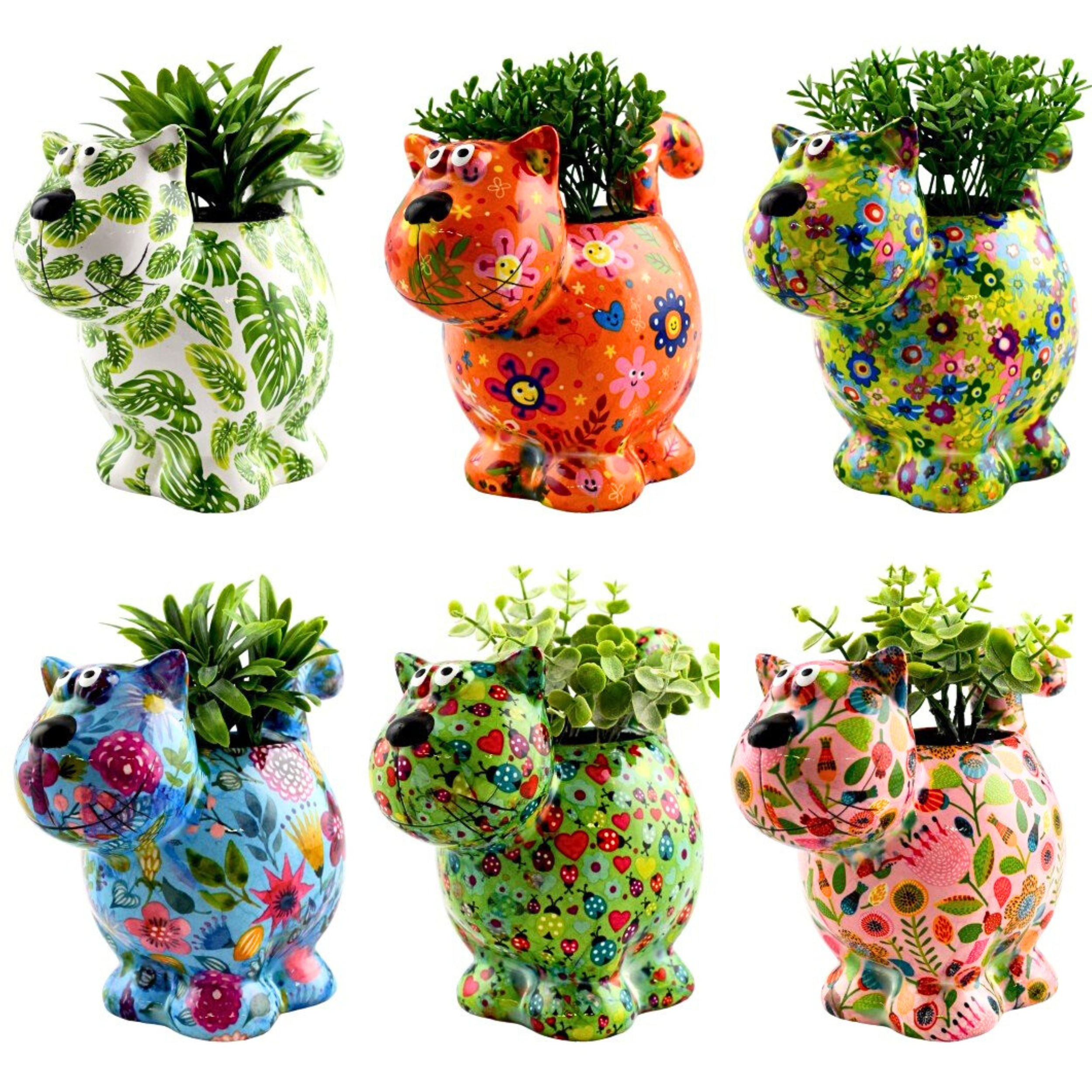 Pomme Pidou 'Dorothy' bright coloured cat shaped ceramic planter (6 PACK, ASSORTED)