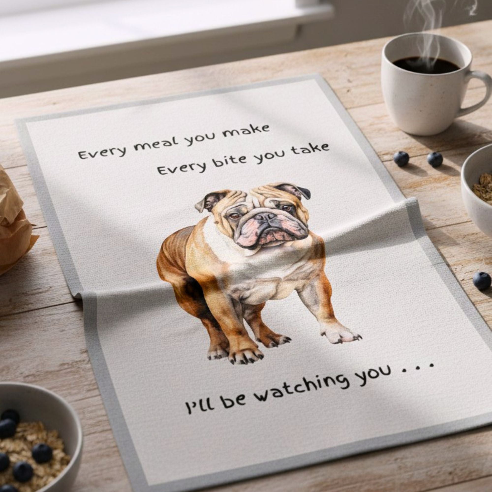 Dog Breed Tea Towel With 'Watching You' Funny Wording (English Bulldog)