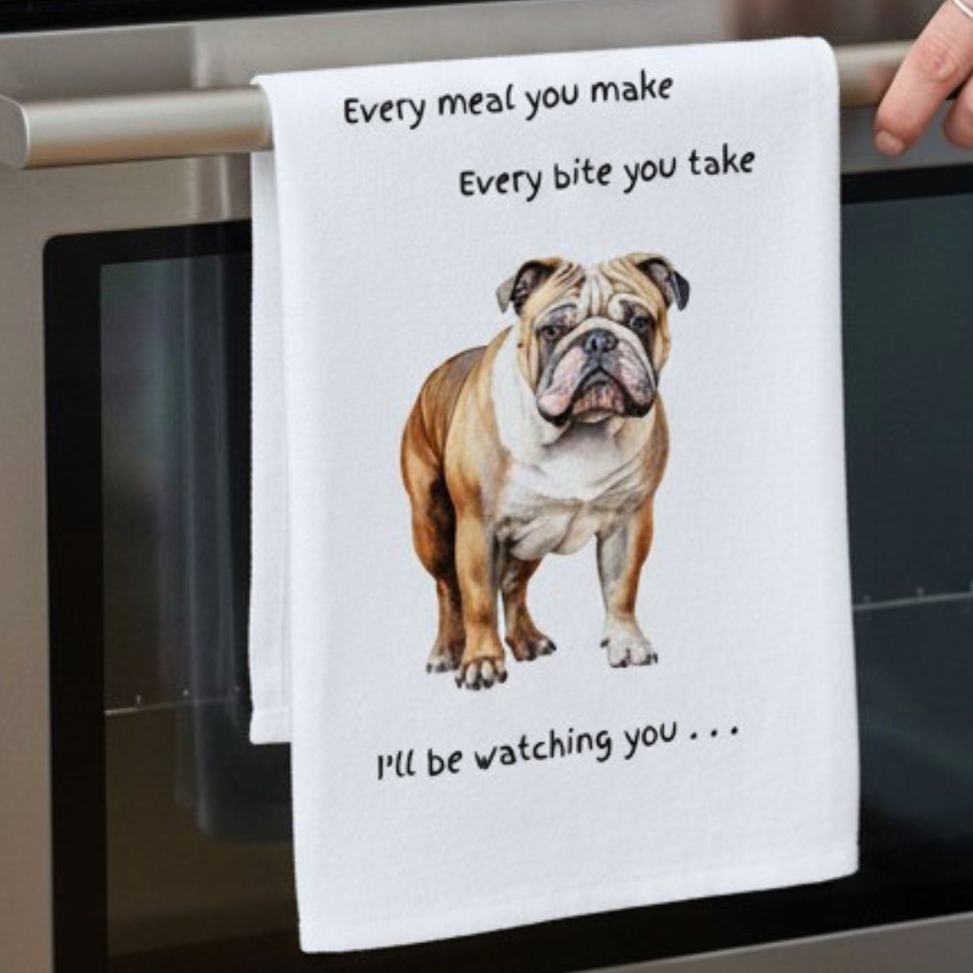 Dog Breed Tea Towel With 'Watching You' Funny Wording (English Bulldog)