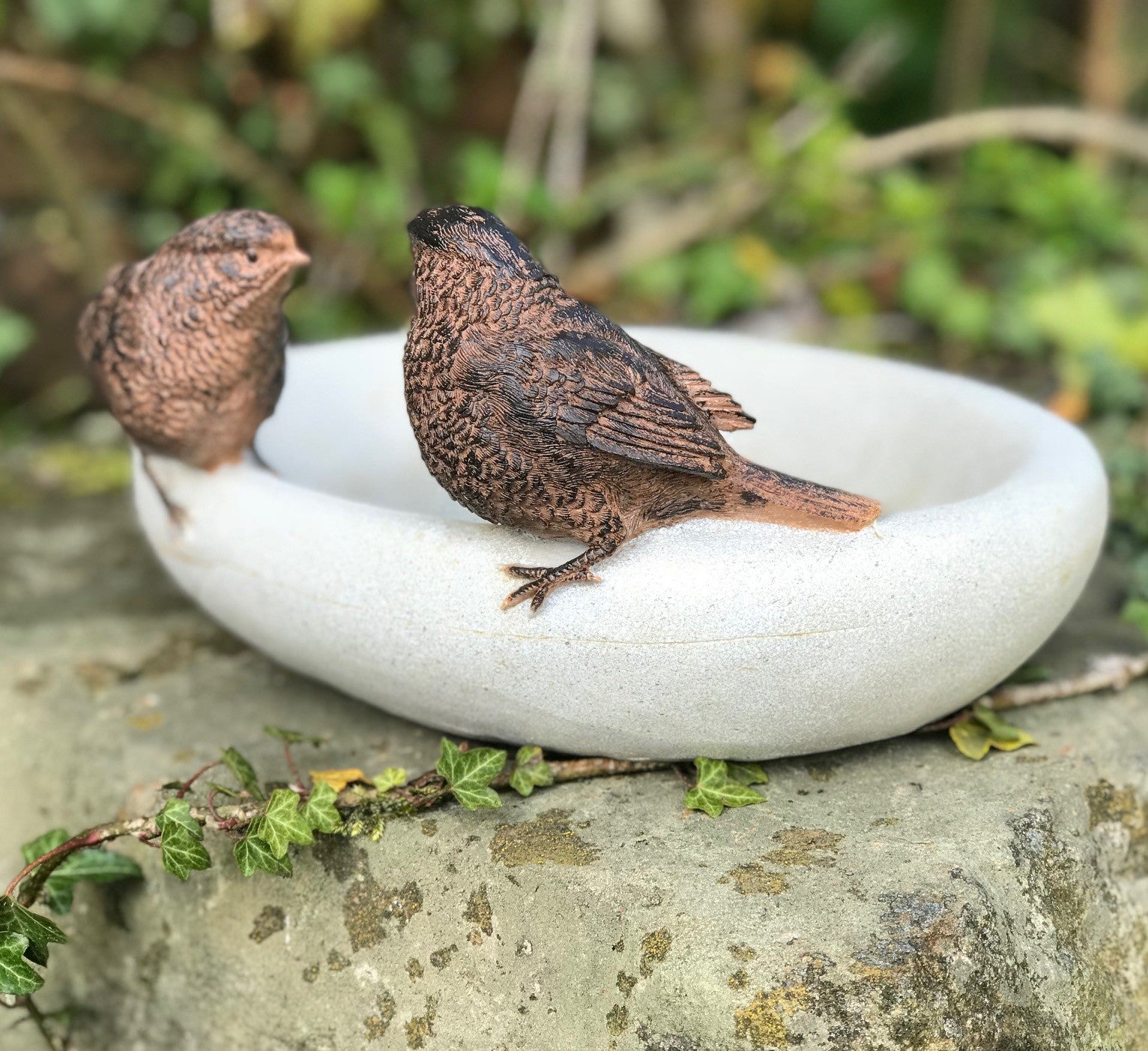 Bird Bath or feeder, aged stone effect bowl with 2 decorative bronze effect wrens. Ideal bird lover gift!