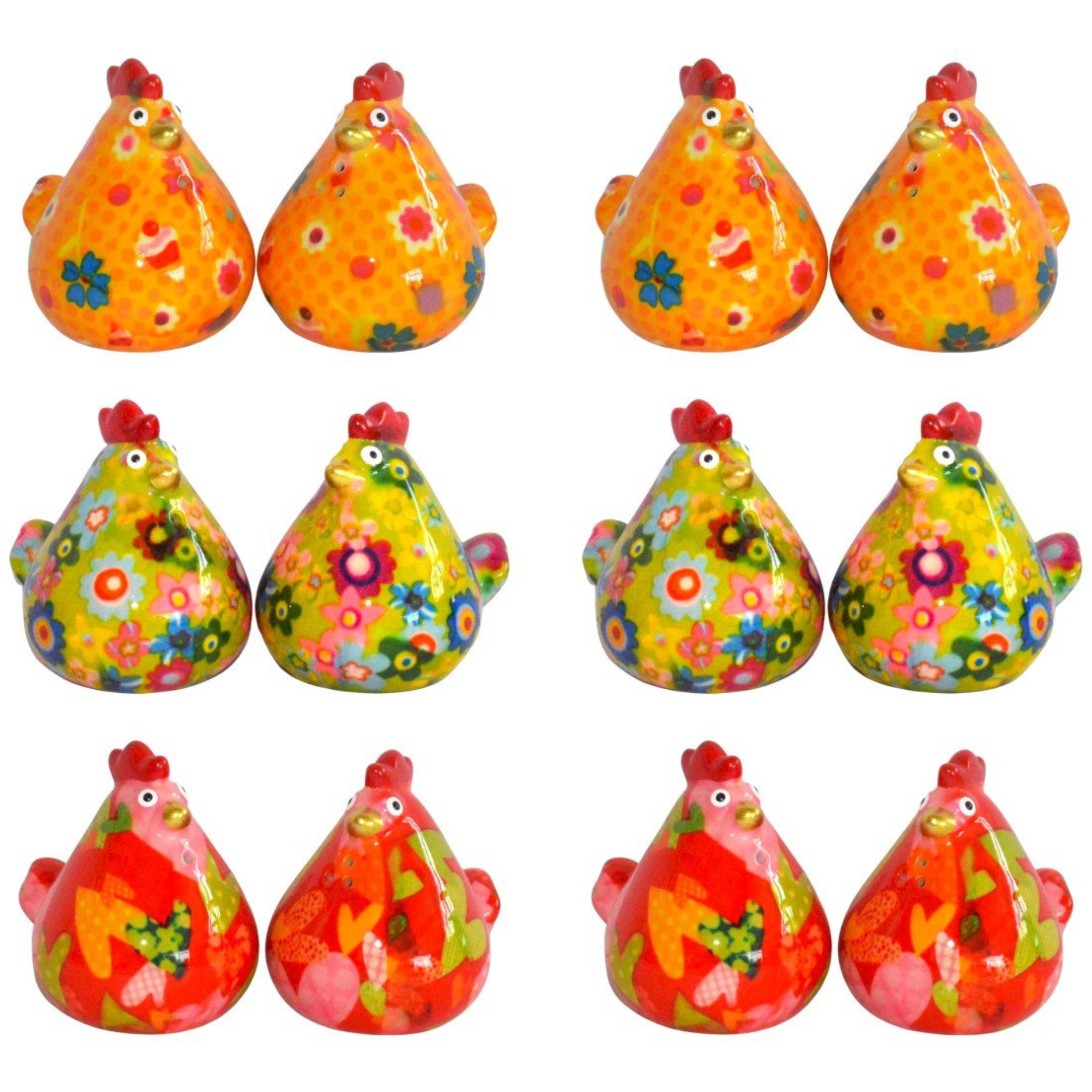 Pomme Pidou 'Matilda' bright coloured ceramic Chicken shaped Salt & Pepper Shaker set (6 SETS, ASSORTED)