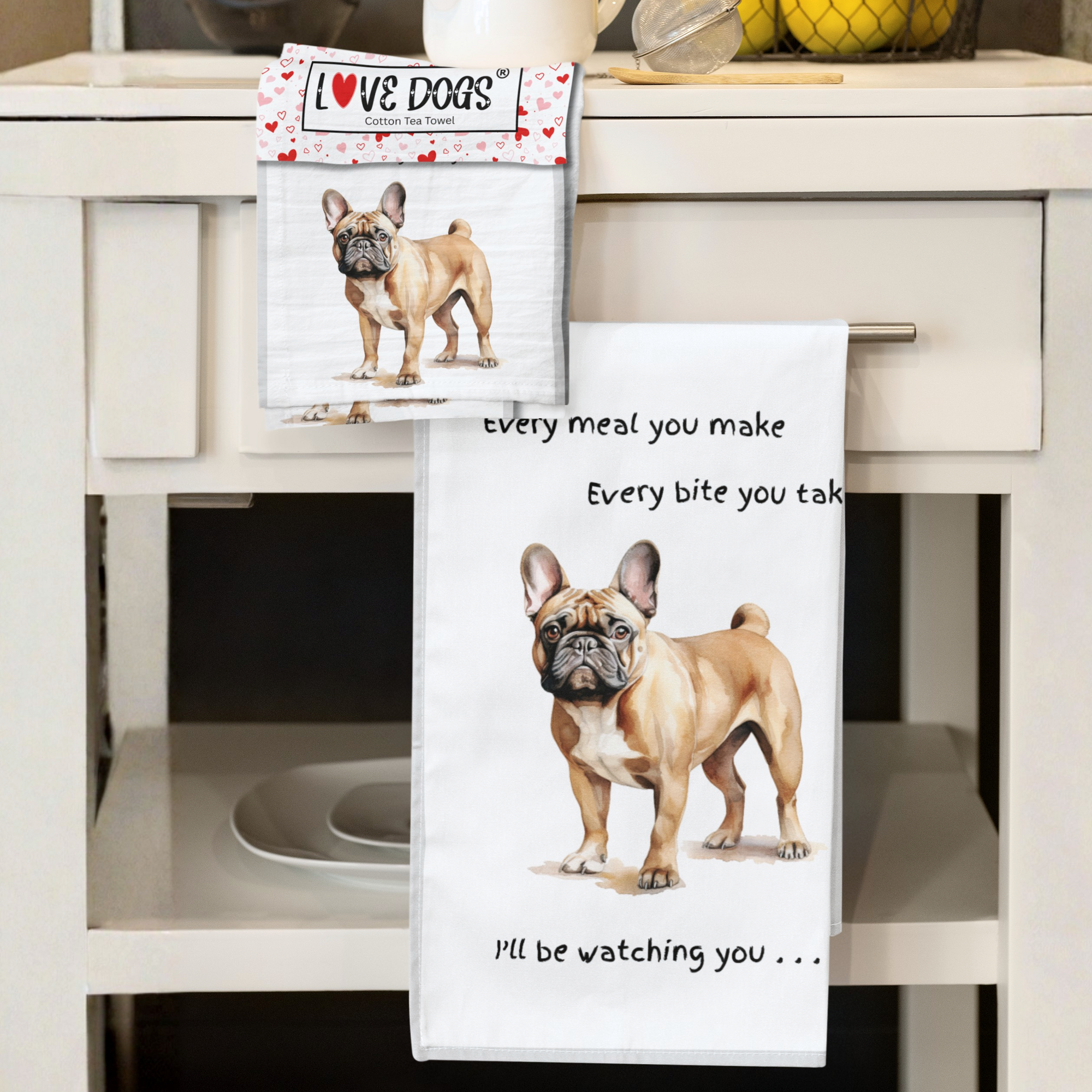 'Love Dogs' Dog Breed Tea Towel With 'Watching you' funny wording (French Bulldog)