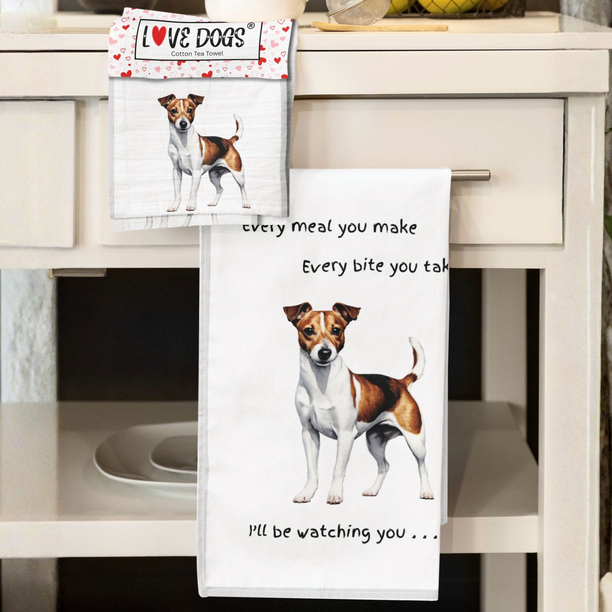 'Love Dogs' Dog Breed Tea Towel With 'Watching you' funny wording (Jack Russell Terrier)