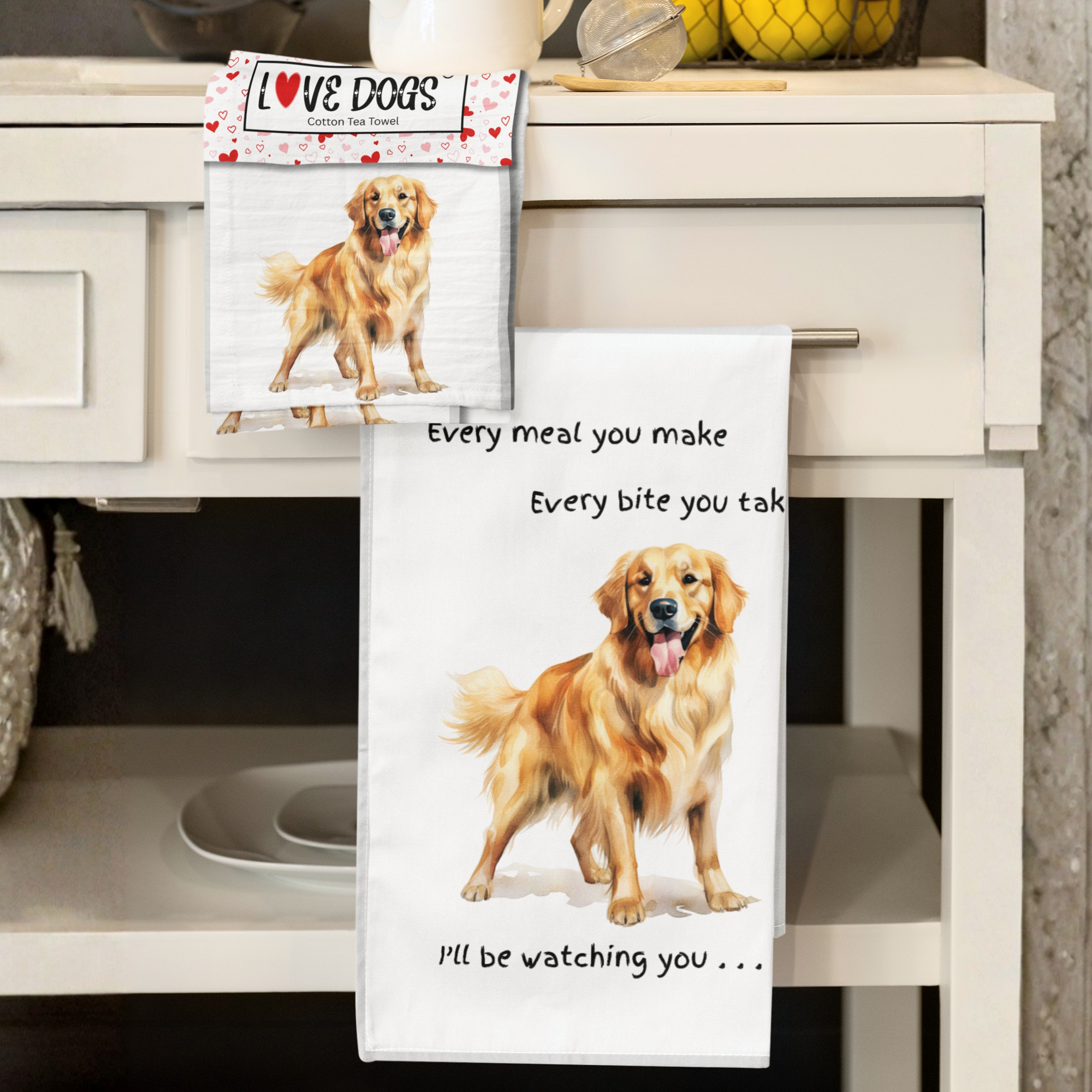 'Love Dogs' Dog Breed Tea Towel With 'Watching you' funny wording (Retriever)