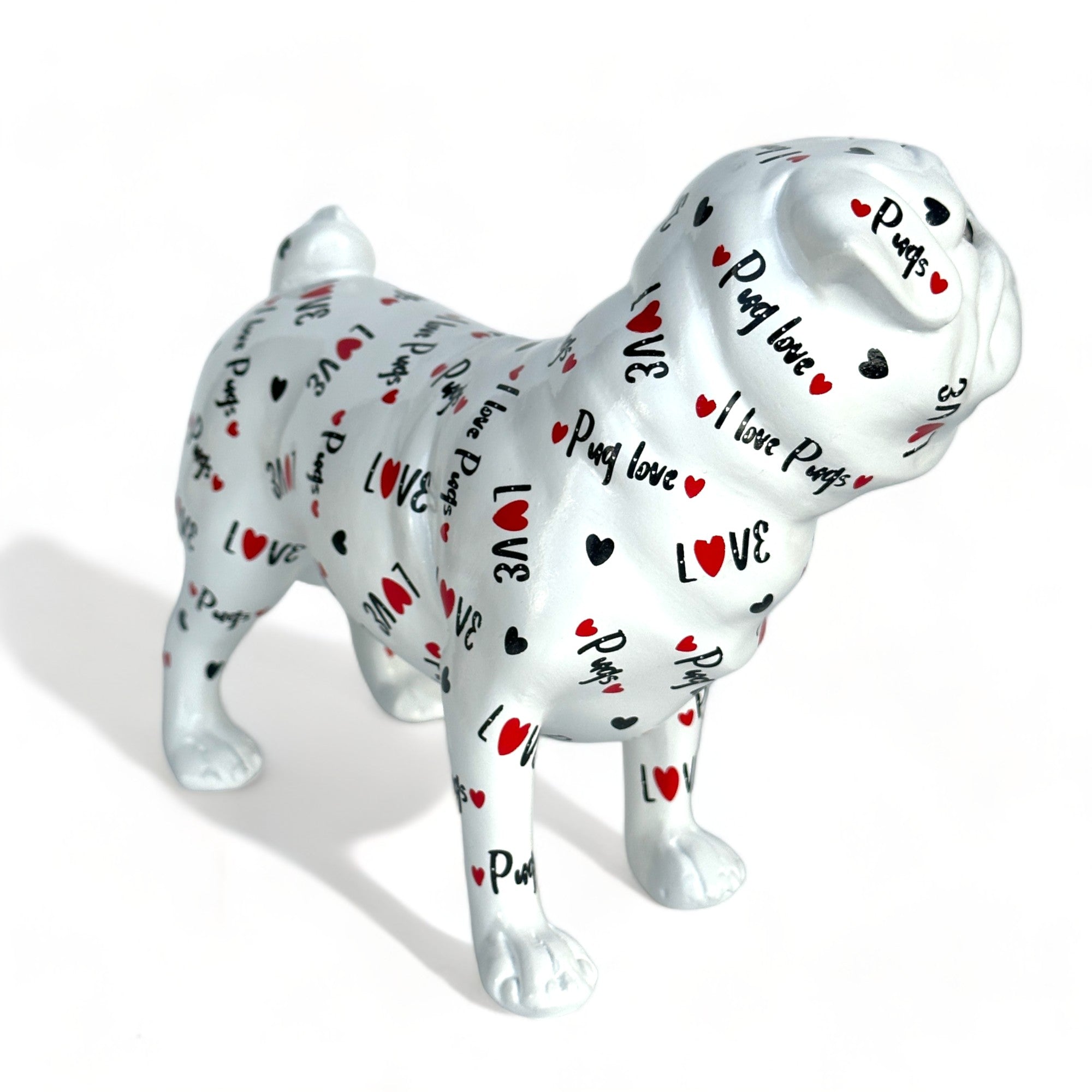 LOVE DOGS Pug figurine, Love Pugs text & hearts design, 23cm