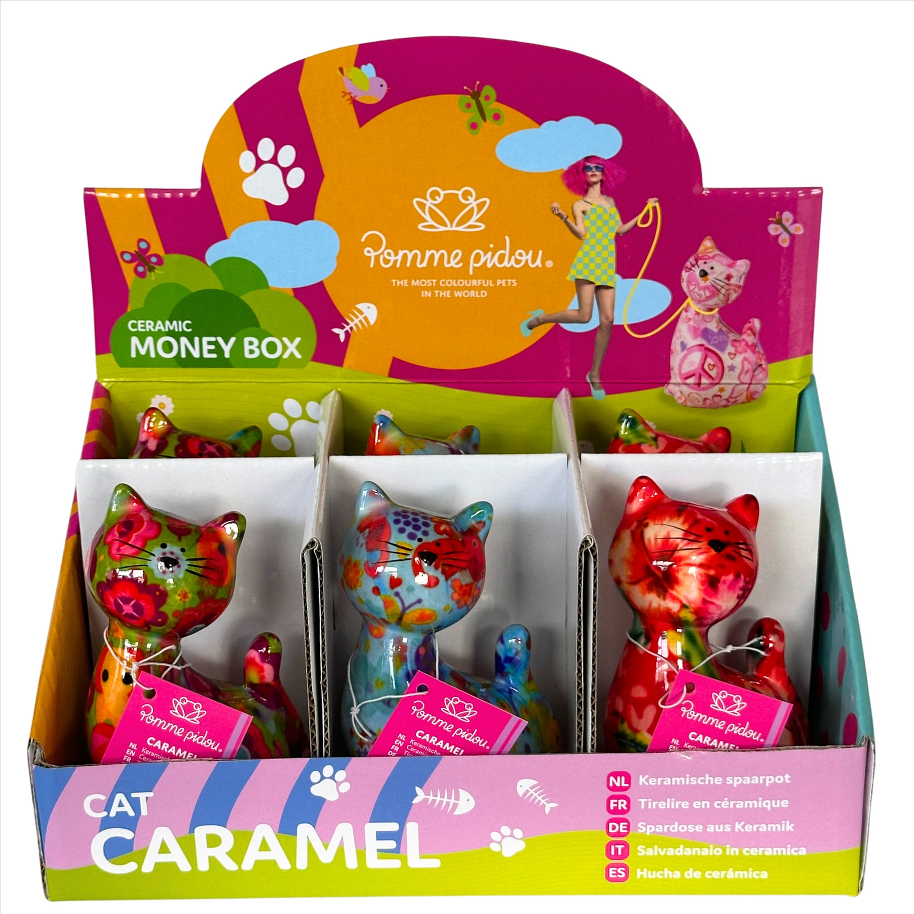 Pomme Pidou mini 'Caramel' bright coloured ceramic Cat shaped Money Box (6 PACK IN DISPLAY BOX)