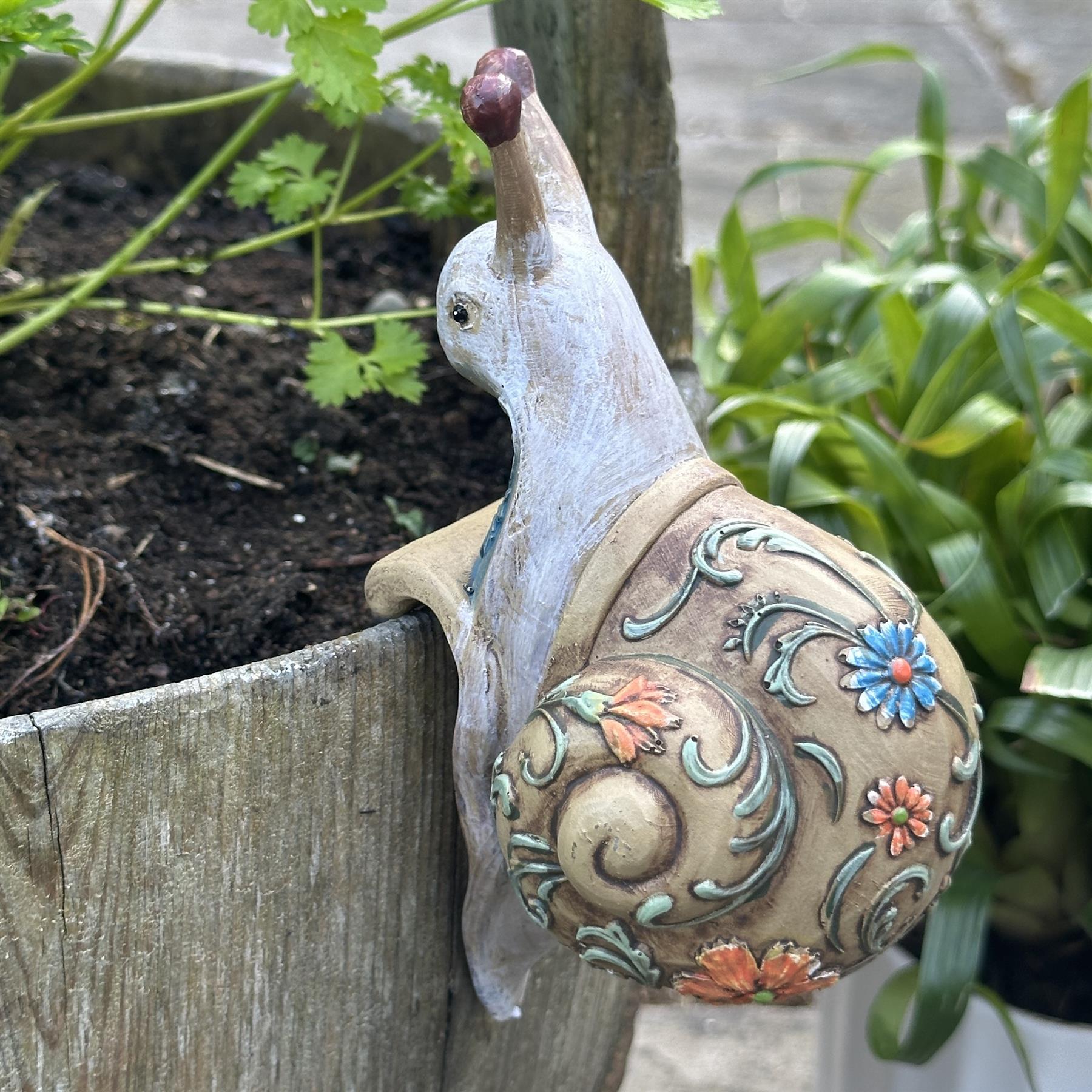 BOX OF FOUR Flower pot hangers, wood effect bohemian colours (2 each of Tortoise & Snail)