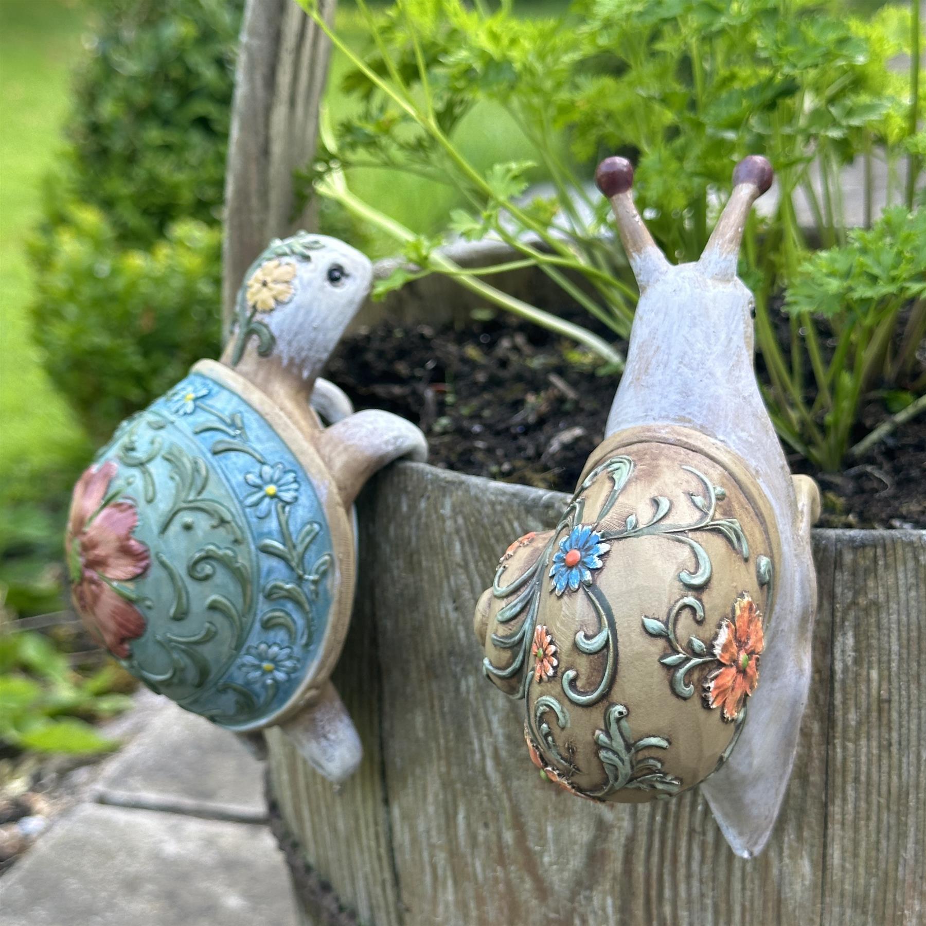 BOX OF FOUR Flower pot hangers, wood effect bohemian colours (2 each of Tortoise & Snail)