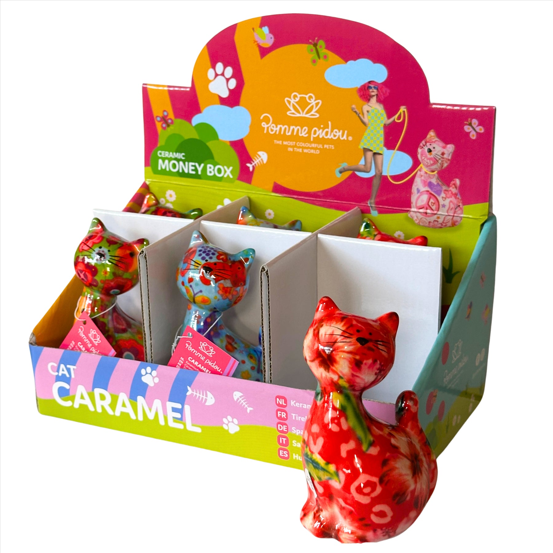 Pomme Pidou mini 'Caramel' bright coloured ceramic Cat shaped Money Box (6 PACK IN DISPLAY BOX)