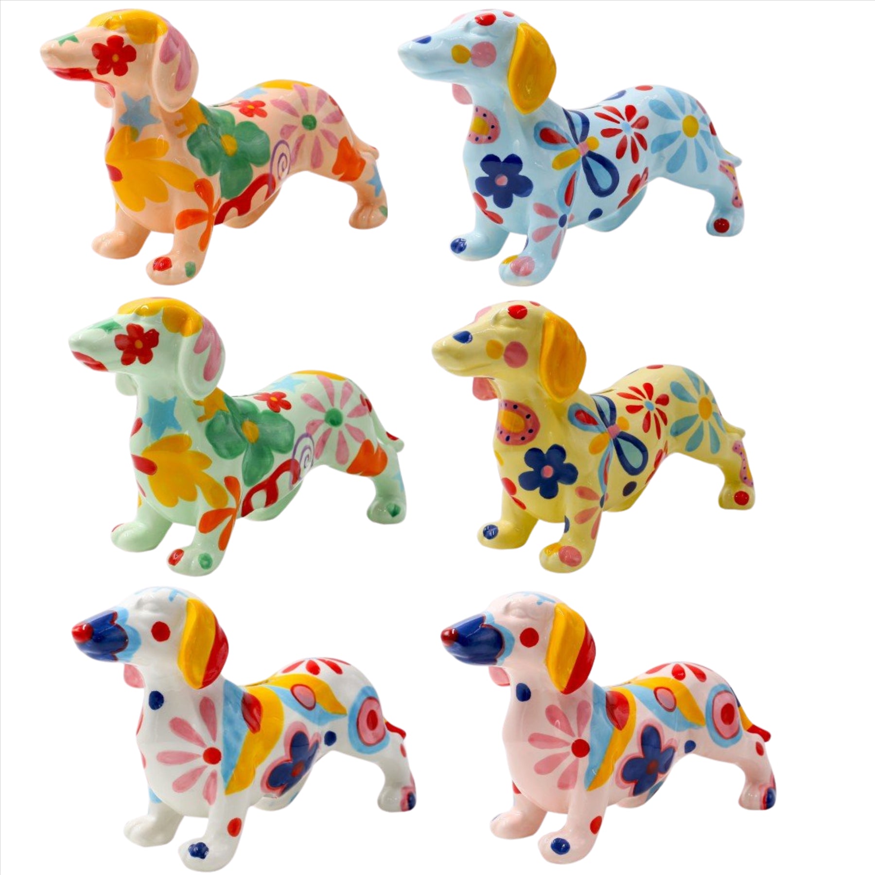 Pomme Pidou 'Frankie Blossom Bliss' Dachshund shaped ceramic Money Box (Medium) (6 PACK, ASSORTED)