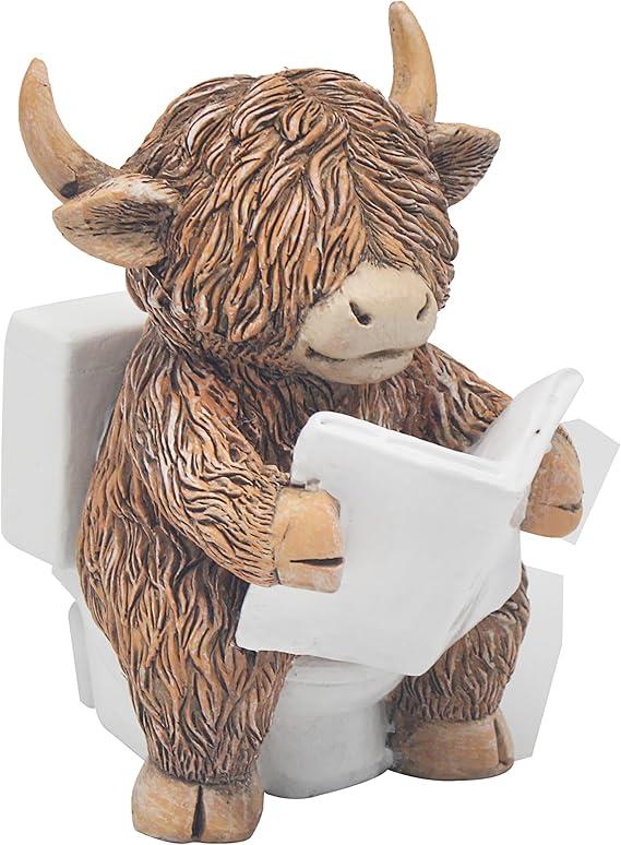 Hughie Highland Cow Sat on Toilet Reading news novelty figurine