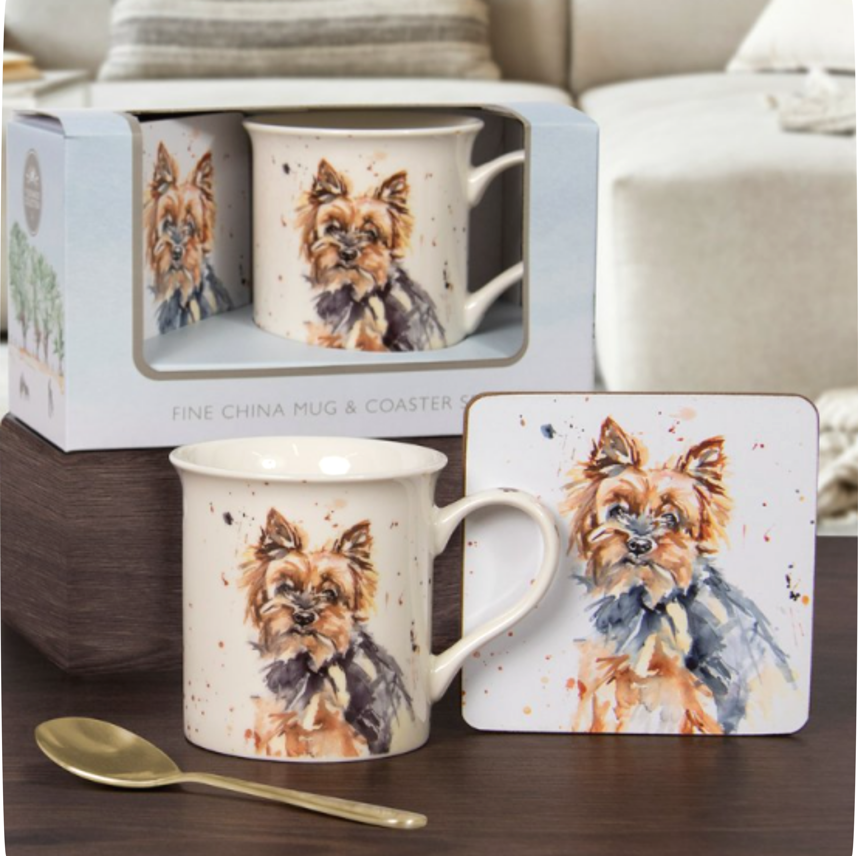 Yorkshire Terrier china Mug & Coaster set, a Jennifer Rose design from the Man's Best Friend range by Leonardo, gift boxed