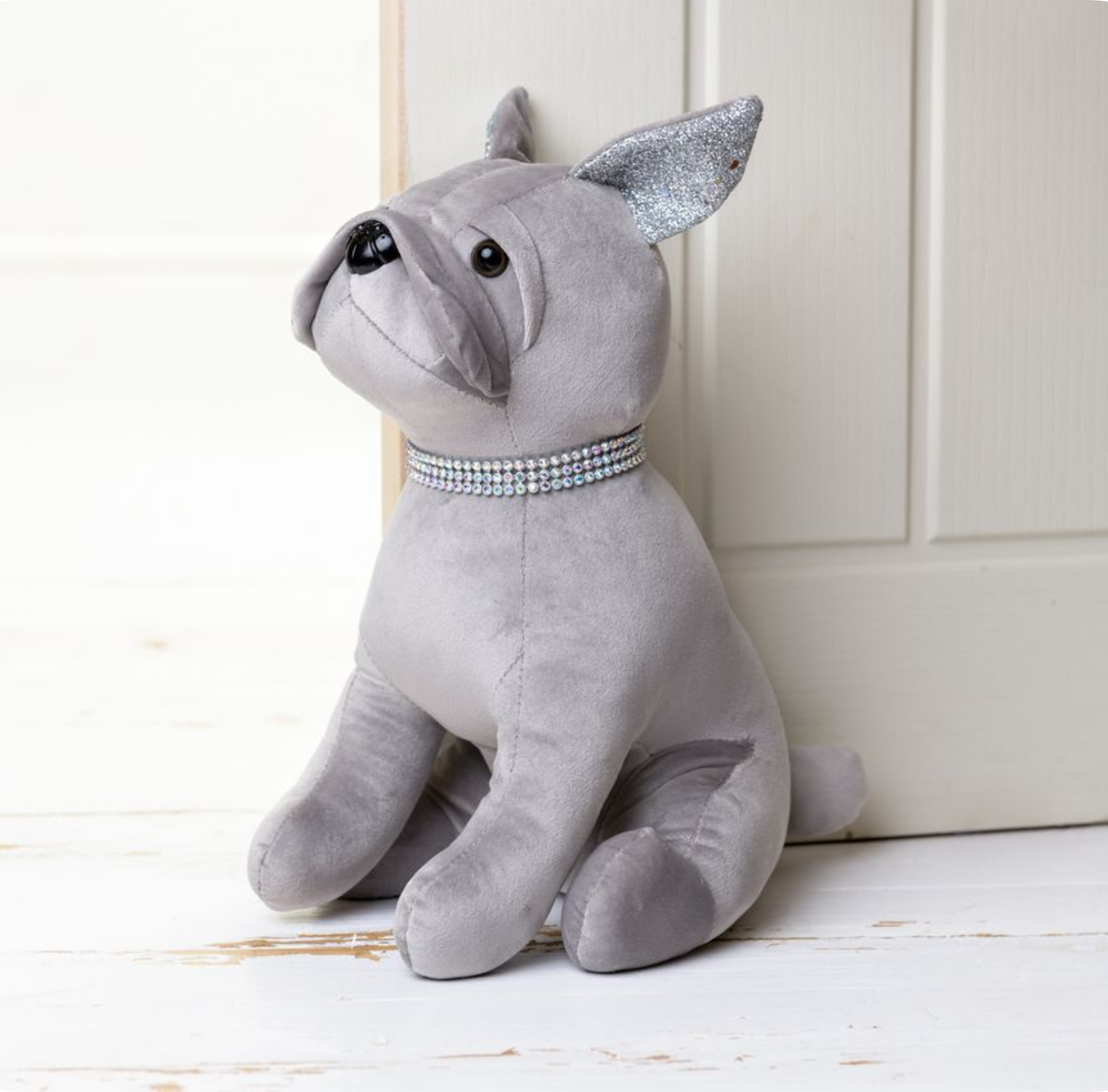 French Bulldog doorstop in Grey faux suede with sparkly diamante collar, heavy & plush, novelty Frenchie lover gift