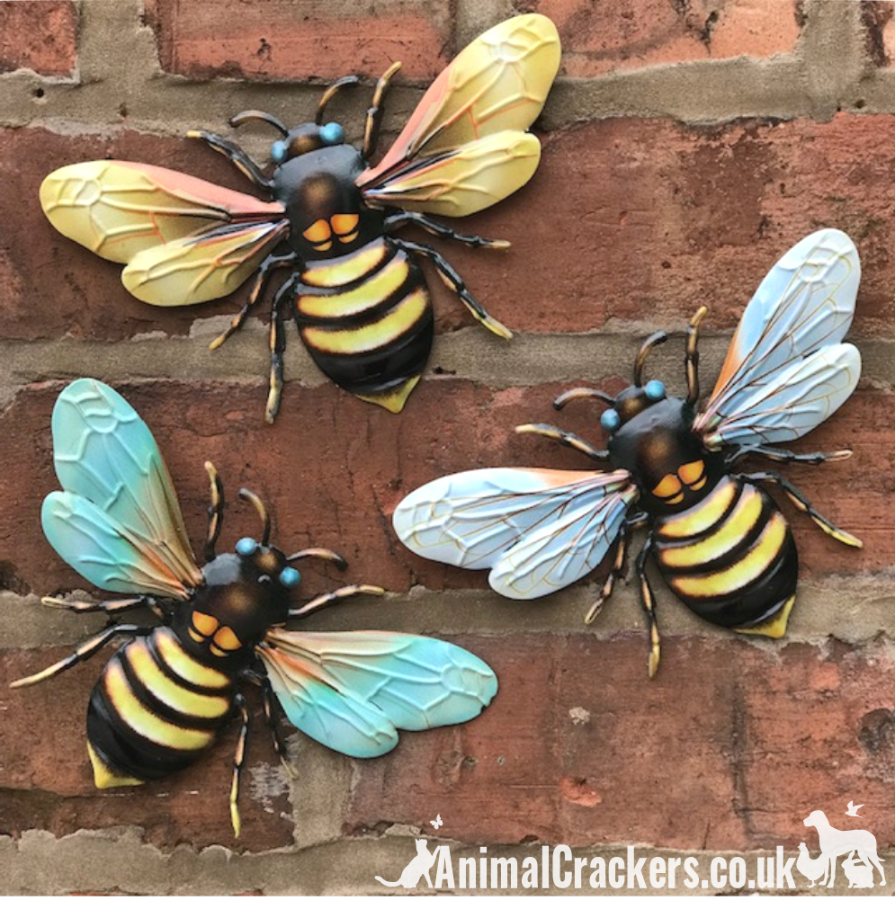3 x 18cm mixed colour metal Bees, bright colour garden decoration, novelty Bee lover gift