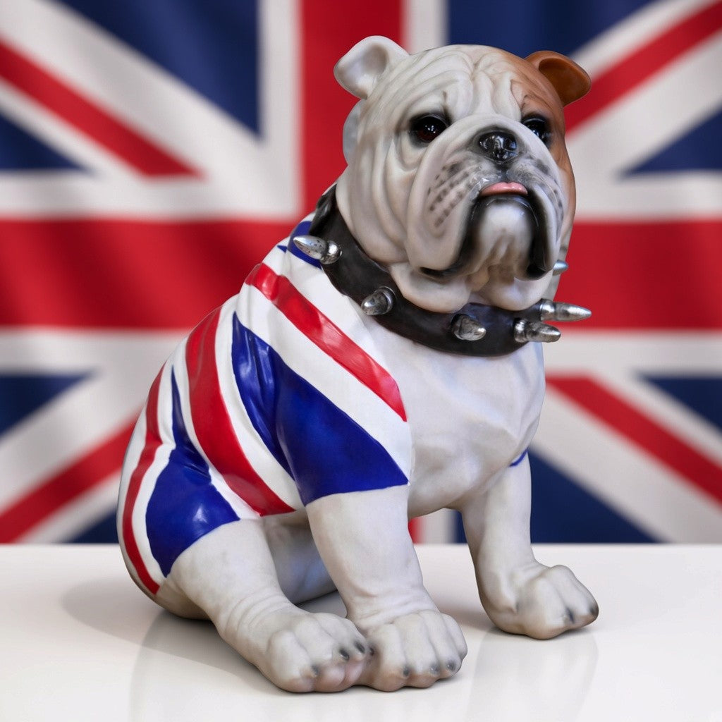 Sitting British Bulldog in Union Jack coat figurine, height 22cm