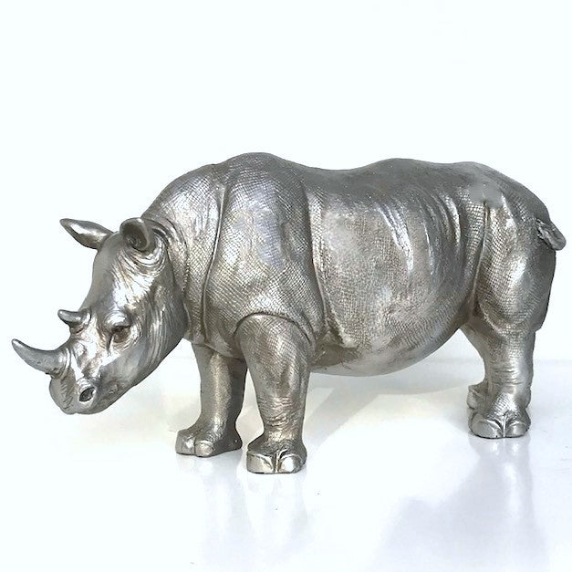Rhino ornament, heavy antique silver effect, 26cm