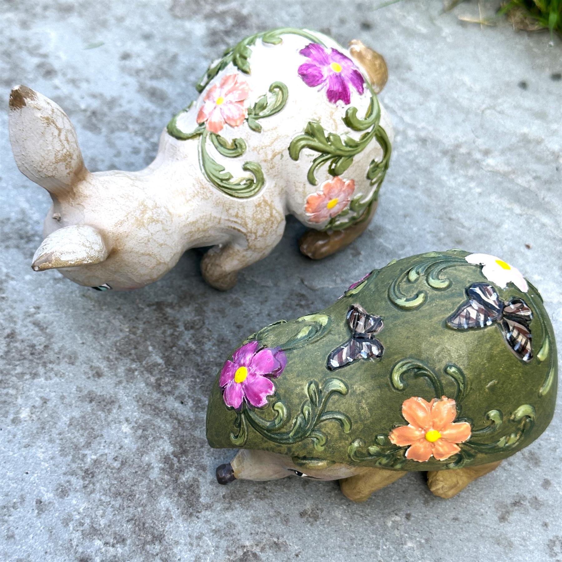 BOX OF FOUR Flower pot hangers, wood effect bohemian colours (2 each of Rabbit & Hedgehog)