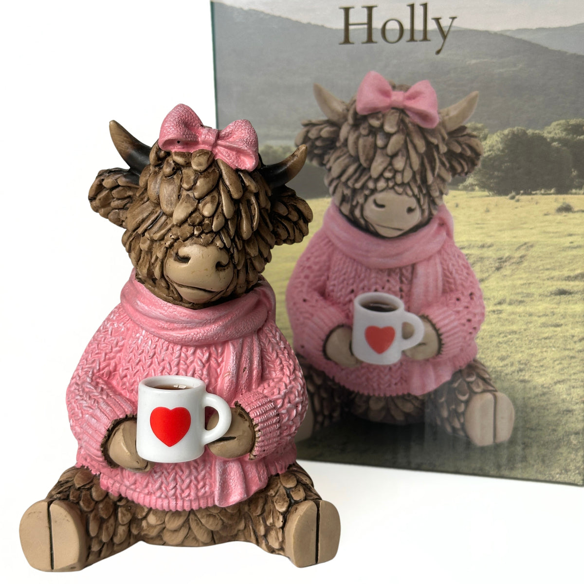 Holly with a Cuppa, from the Hughie Highland Cow range by Lesser & Pavey