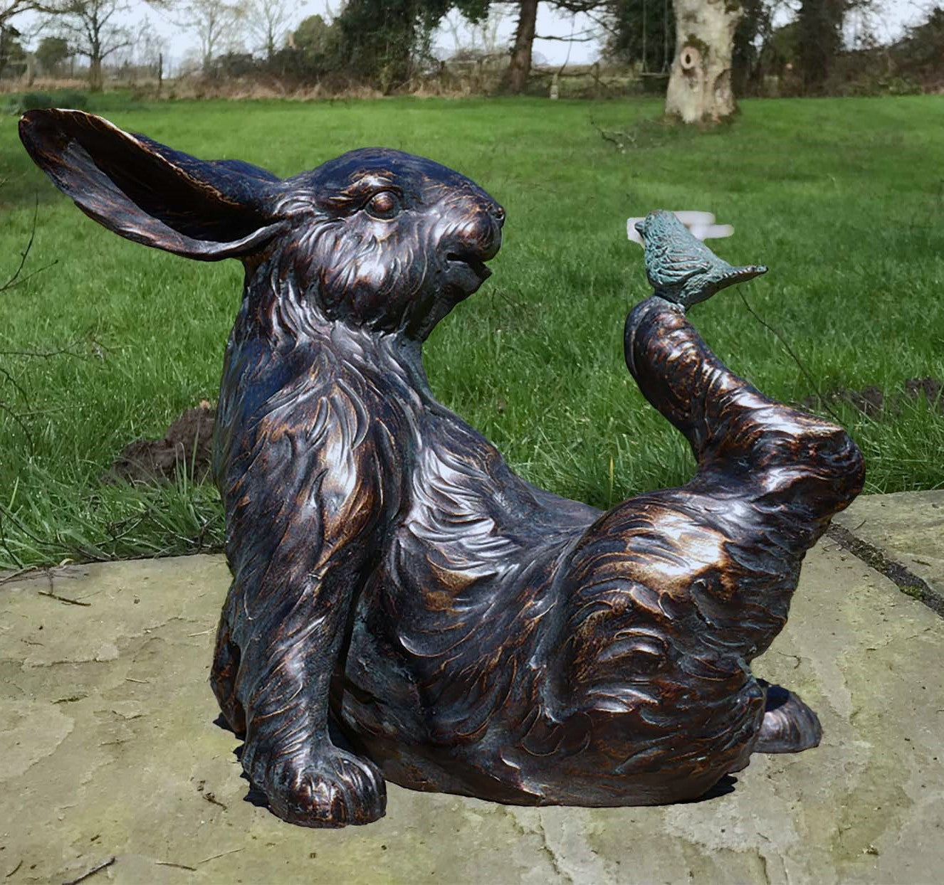 Playful Rabbit with a Bird on Foot figurine, novelty home or garden decoration (21cm)